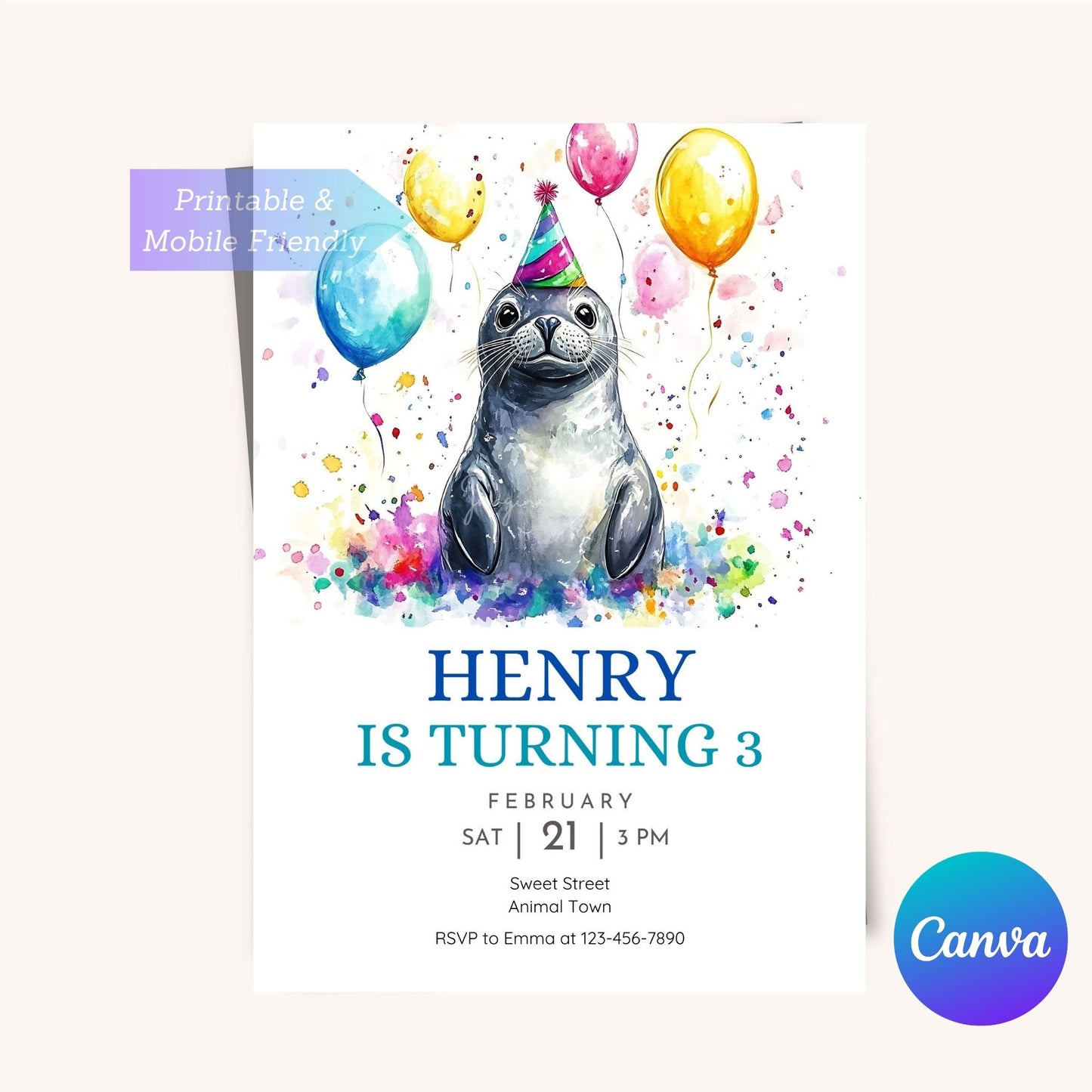 Ocean-themed party invite featuring a playful seal for kids.