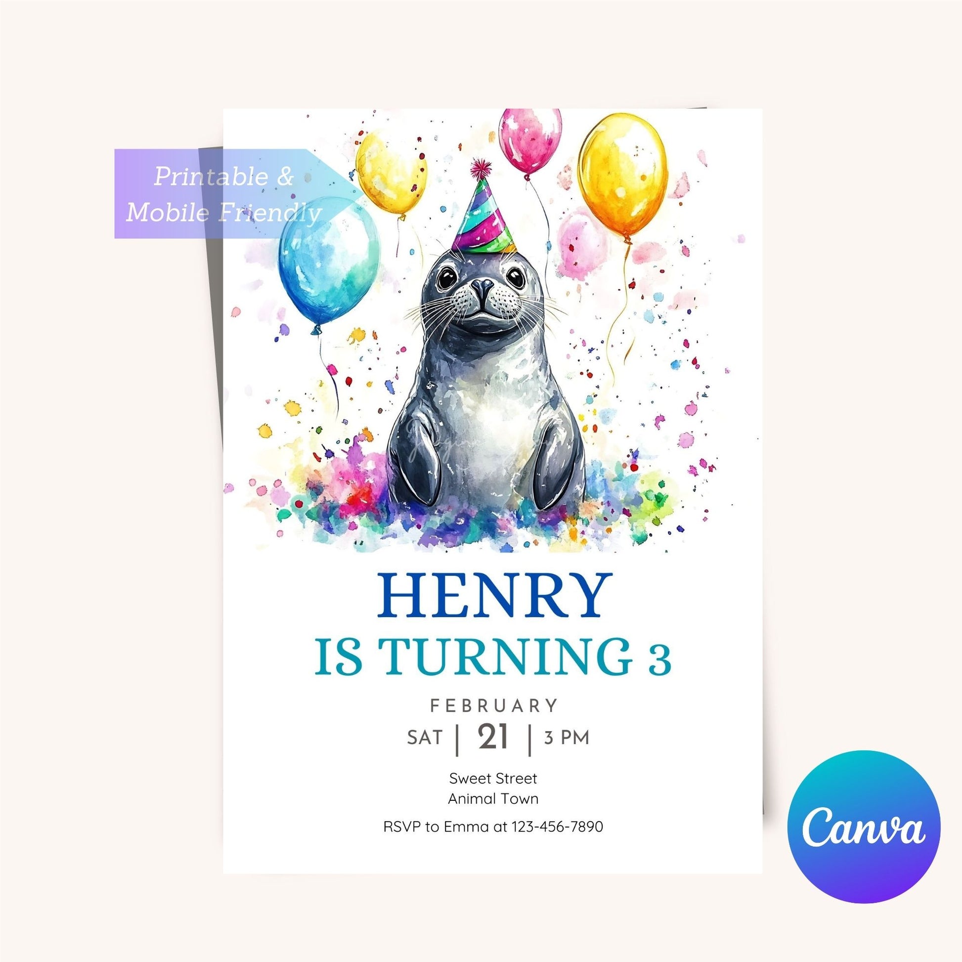 Ocean-themed party invite featuring a playful seal for kids.