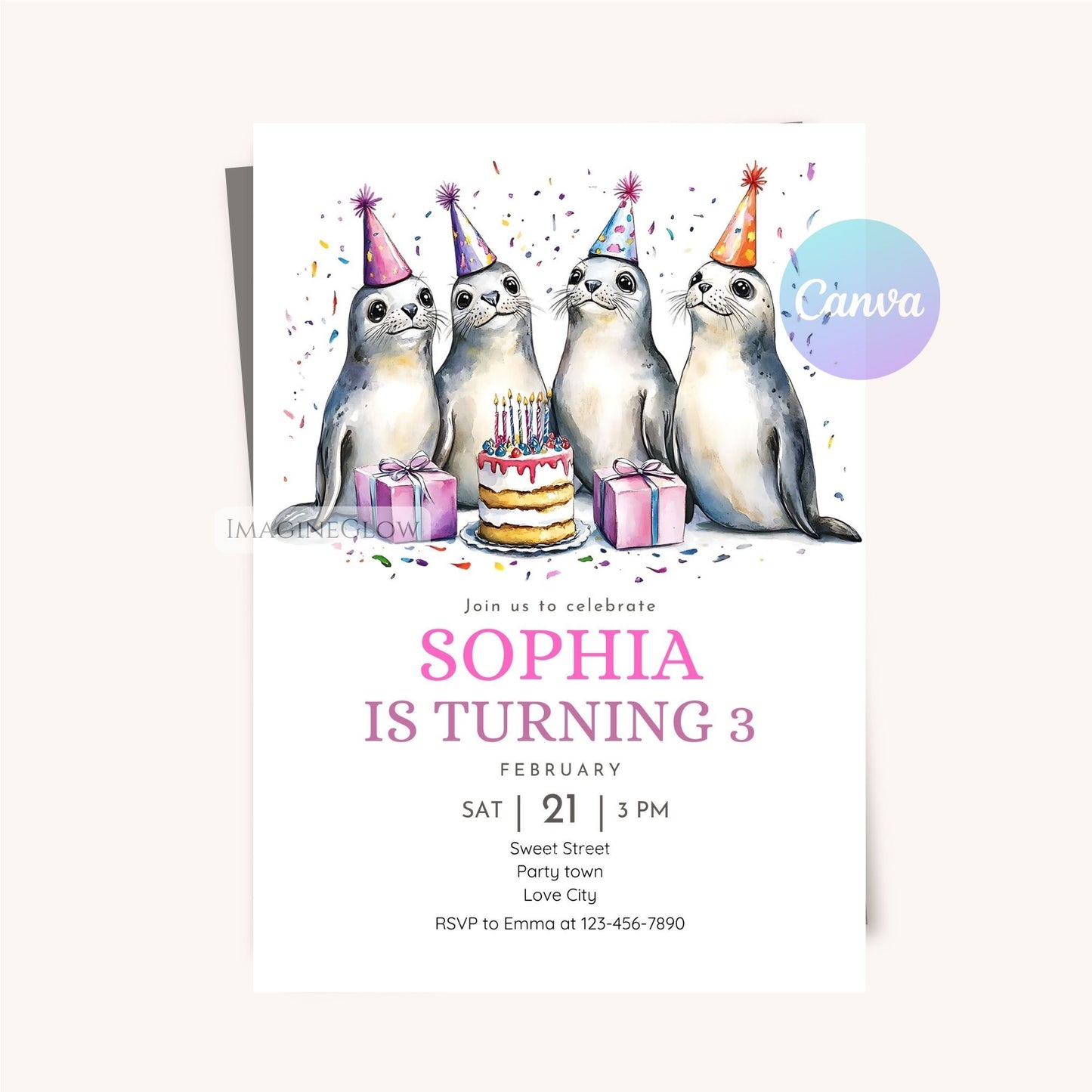 Seal Birthday Invitation - Cute Ocean Animal Party Invite Template