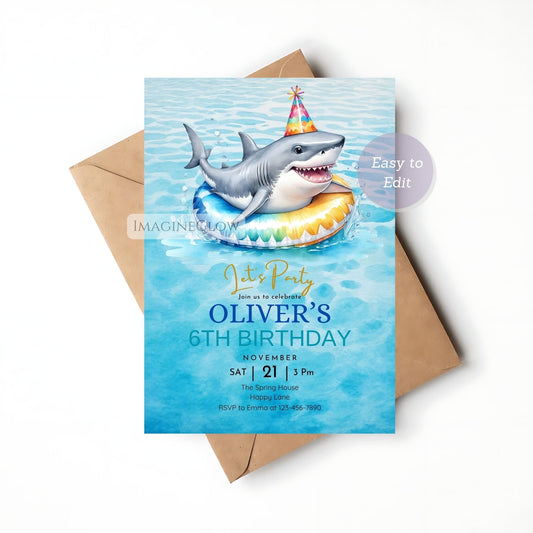 Birthday party invitation with shark design