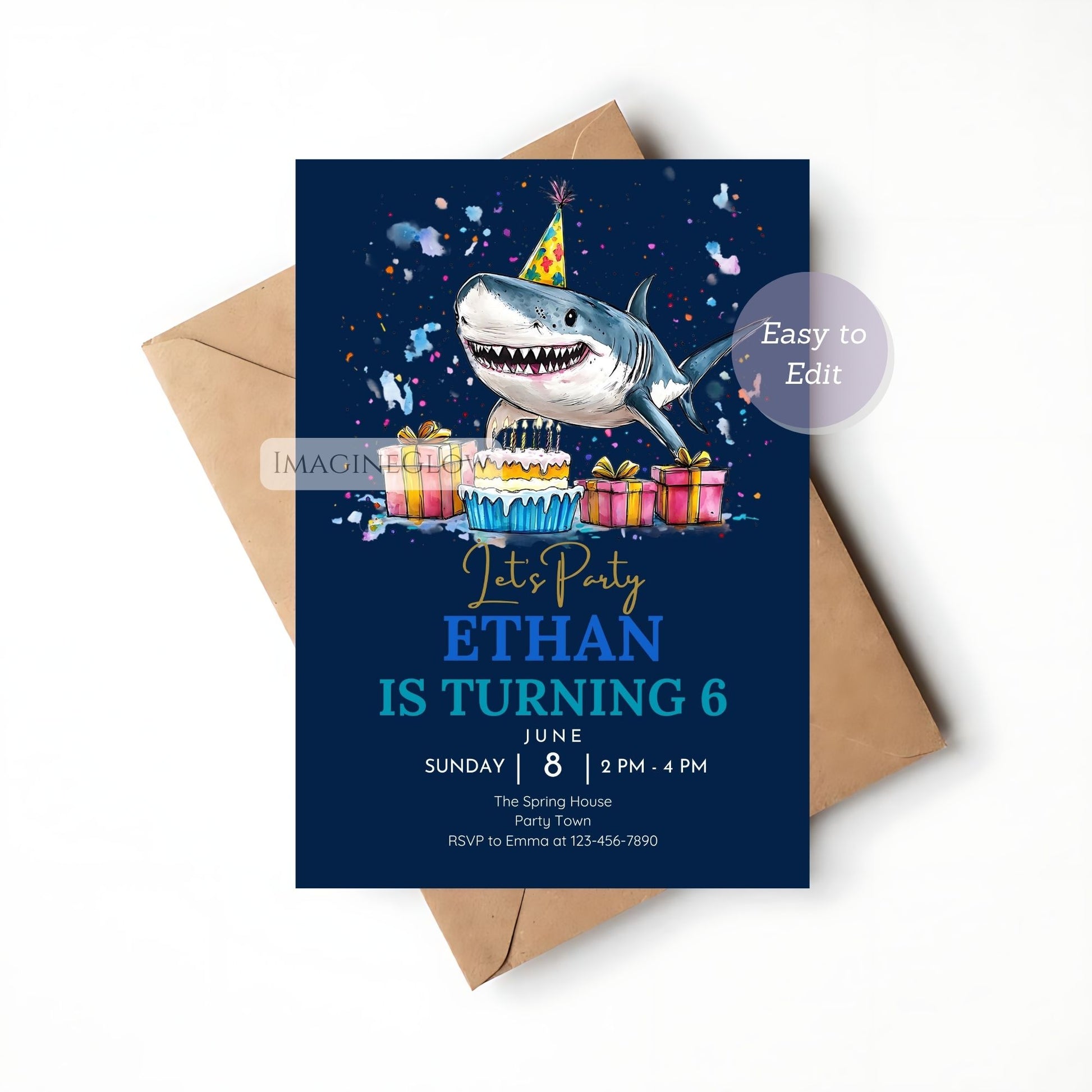 shark digital invite for kids
fun shark party card for children