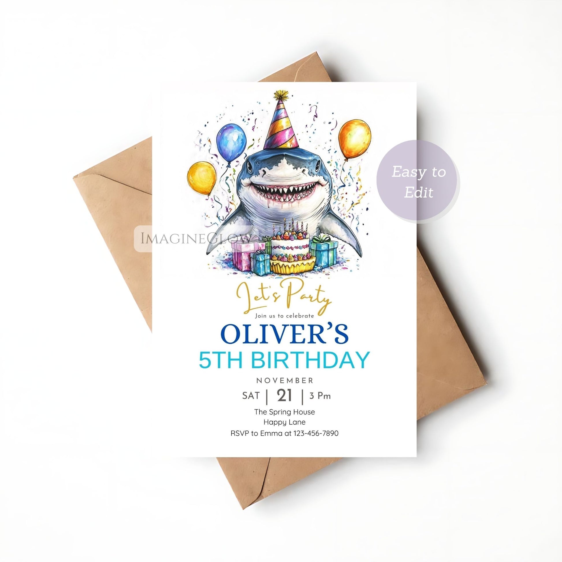 Birthday invitation card with a shark design and envelope on a white background