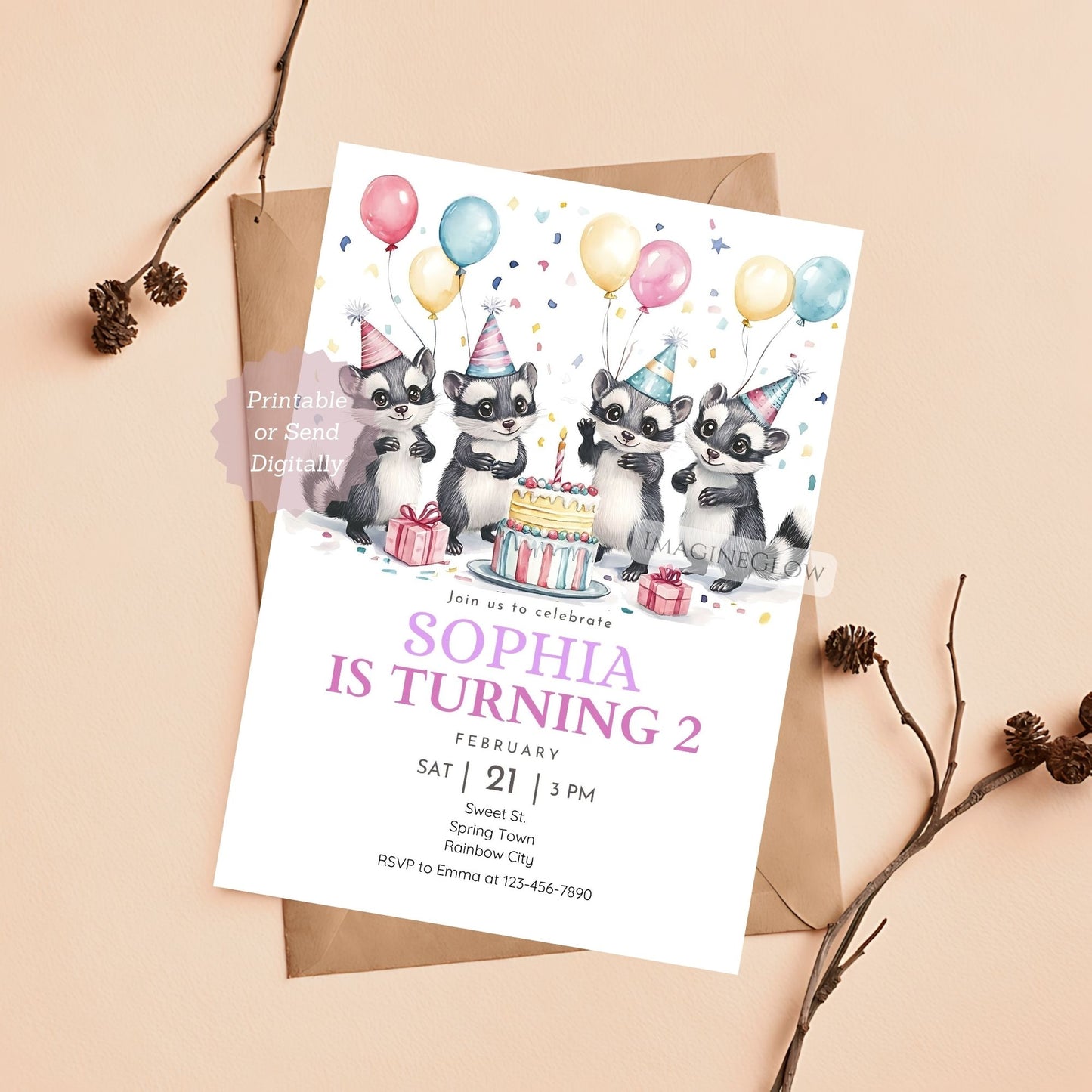 Cute Skunk Party Invitation for Kids
Editable Skunk Birthday Invite - Forest Theme