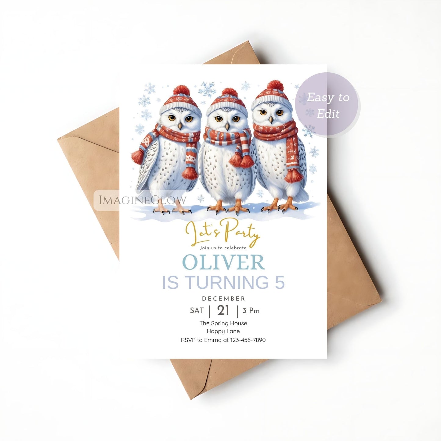 Birthday invitation card with three snowy owls wearing hats and scarves, on a white background.