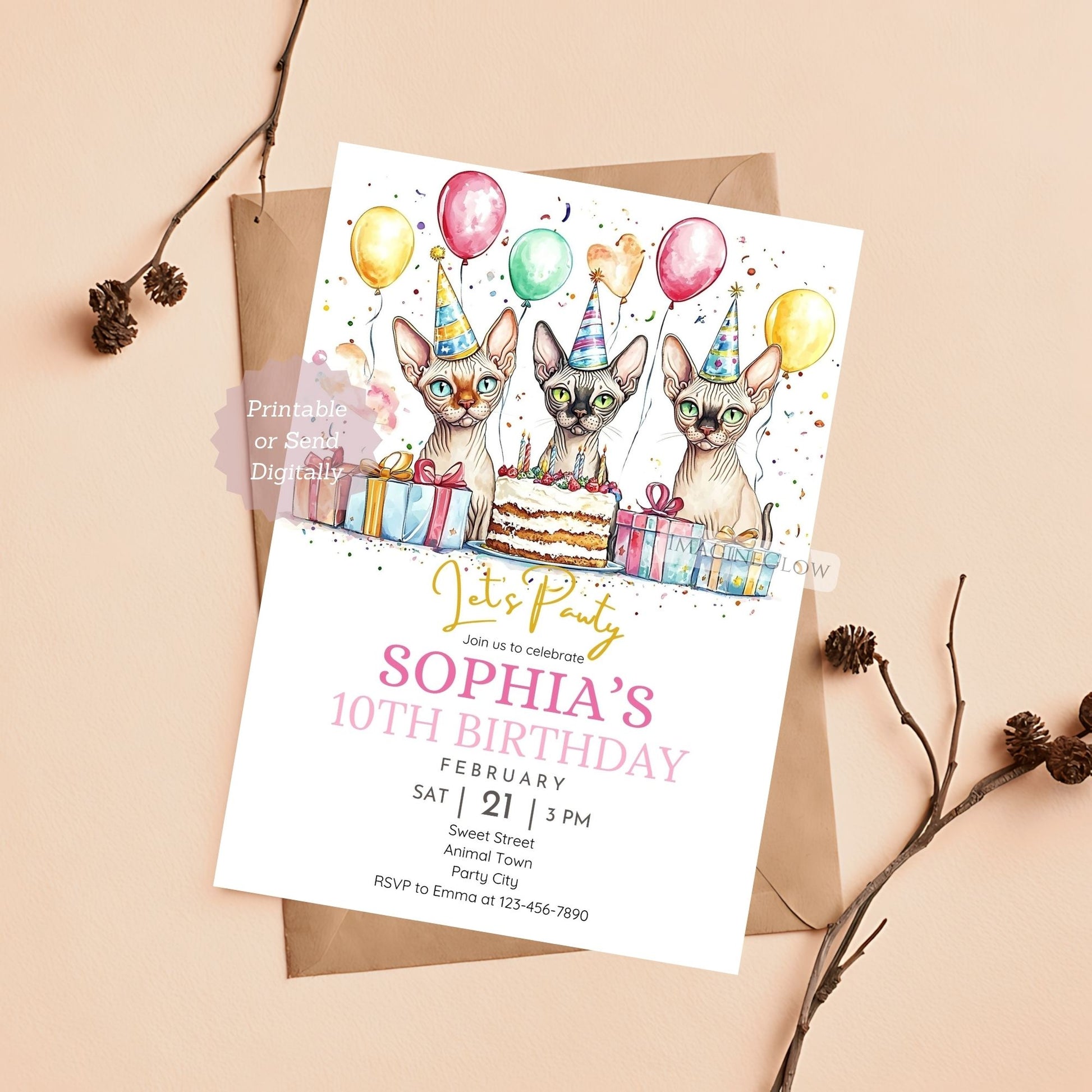 Sphynx cat birthday invitation with party decorations.