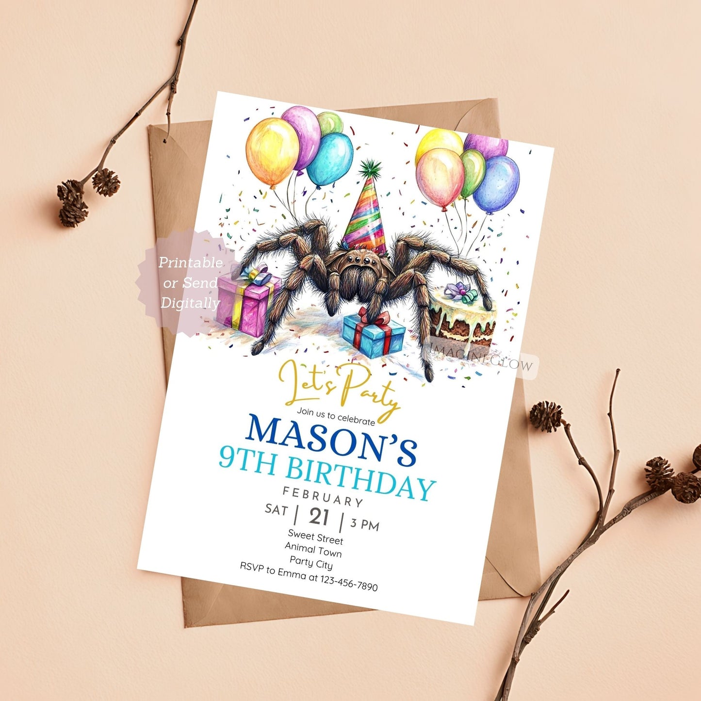 Unique bug-themed birthday invitation.
Halloween-style tarantula birthday invite.