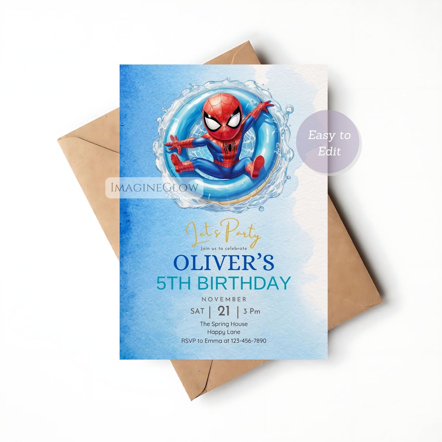 editable spiderman pool party card