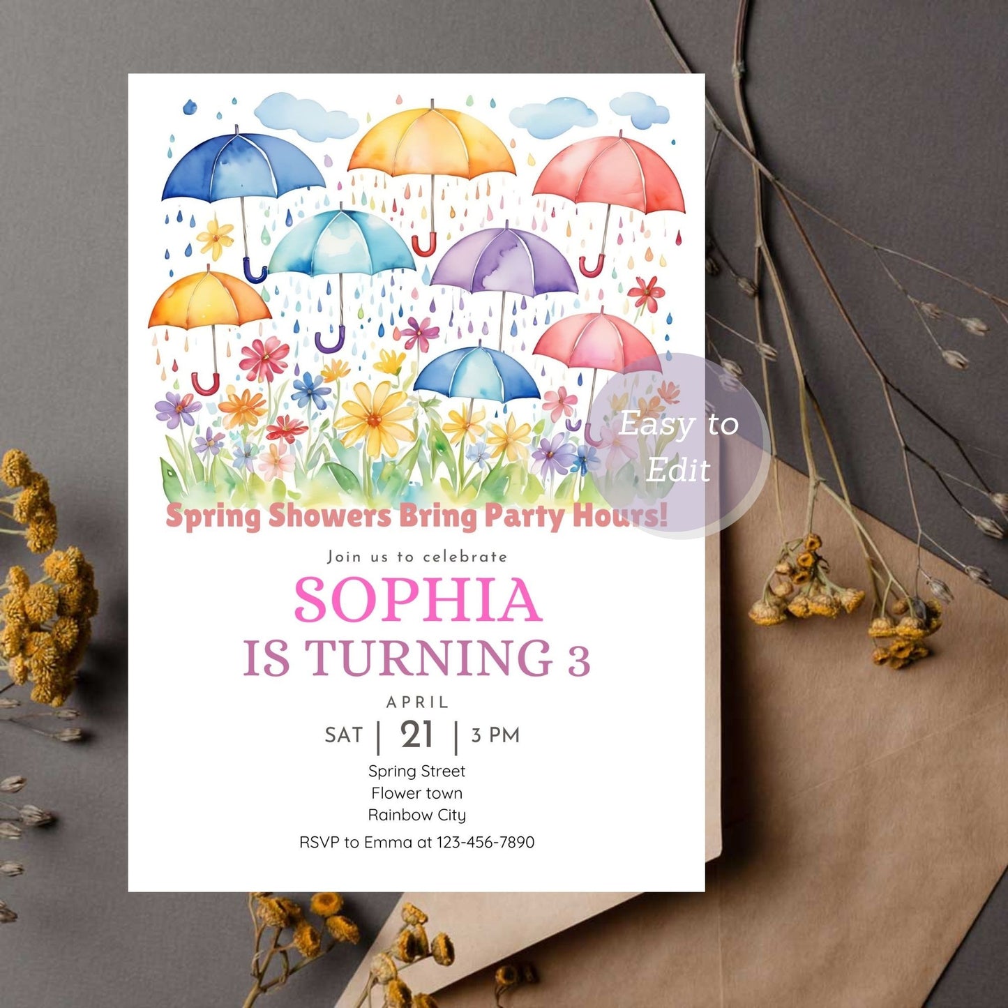 Fun spring party invite featuring raindrops and flowers.