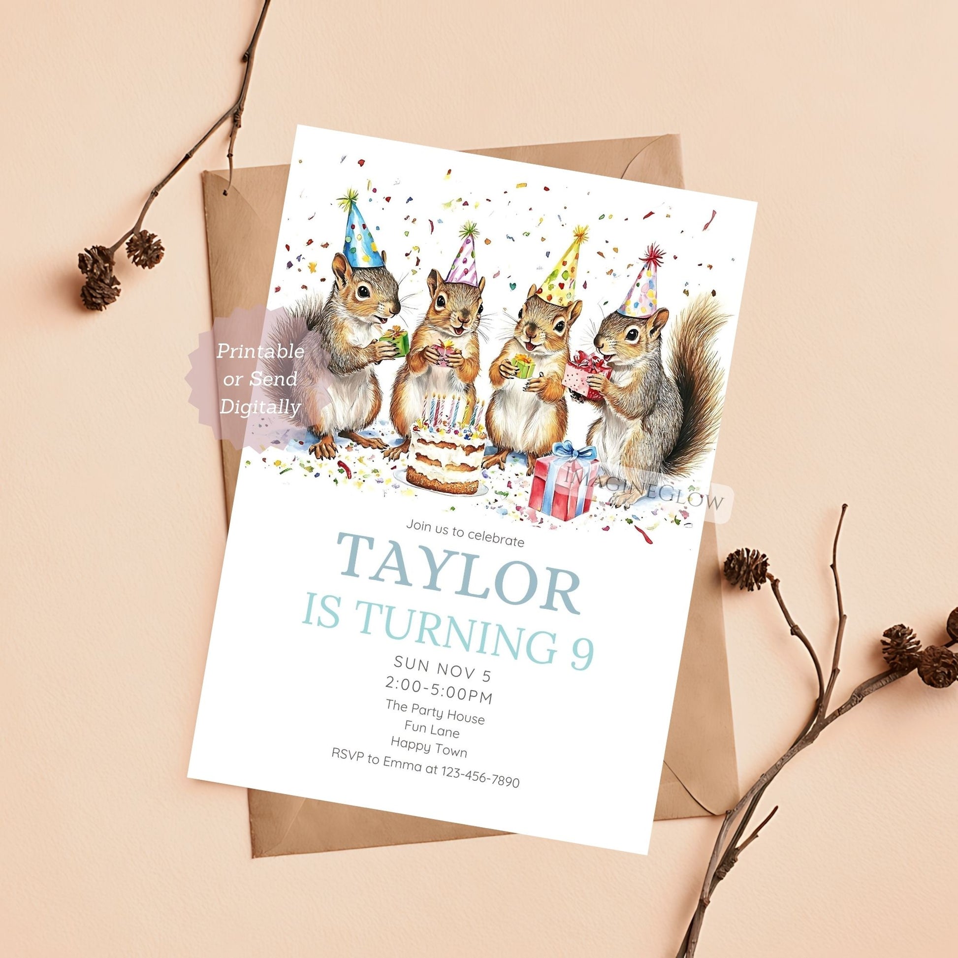 Squirrel Birthday Invitation - Woodland Theme