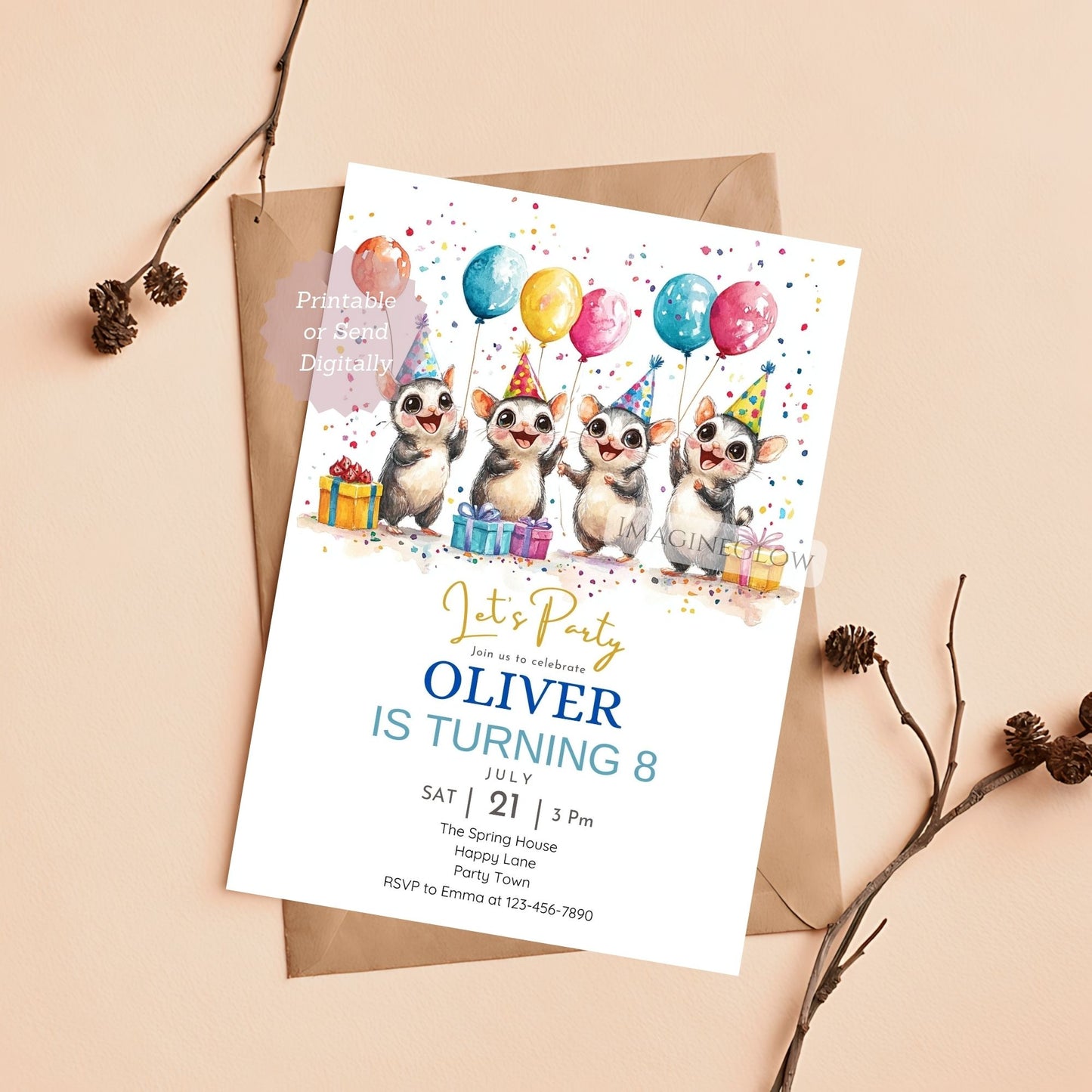Personalized sugar glider birthday invitation