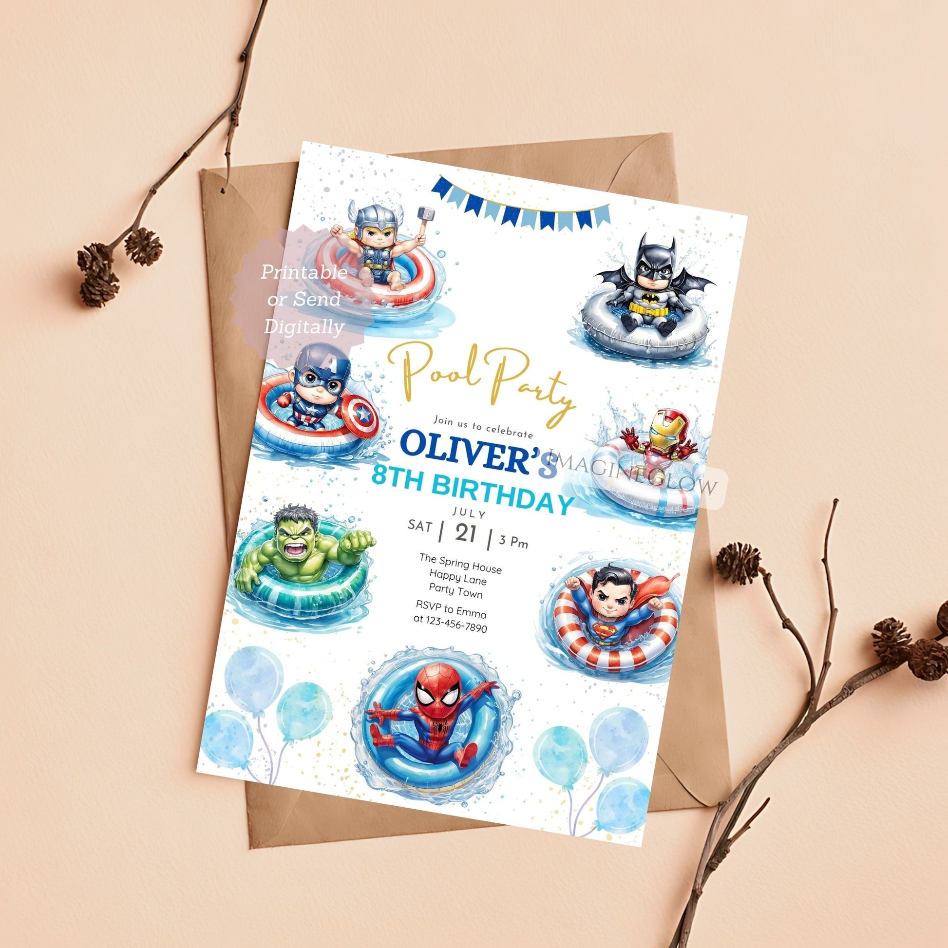 Birthday party invitation with superhero characters on a white background