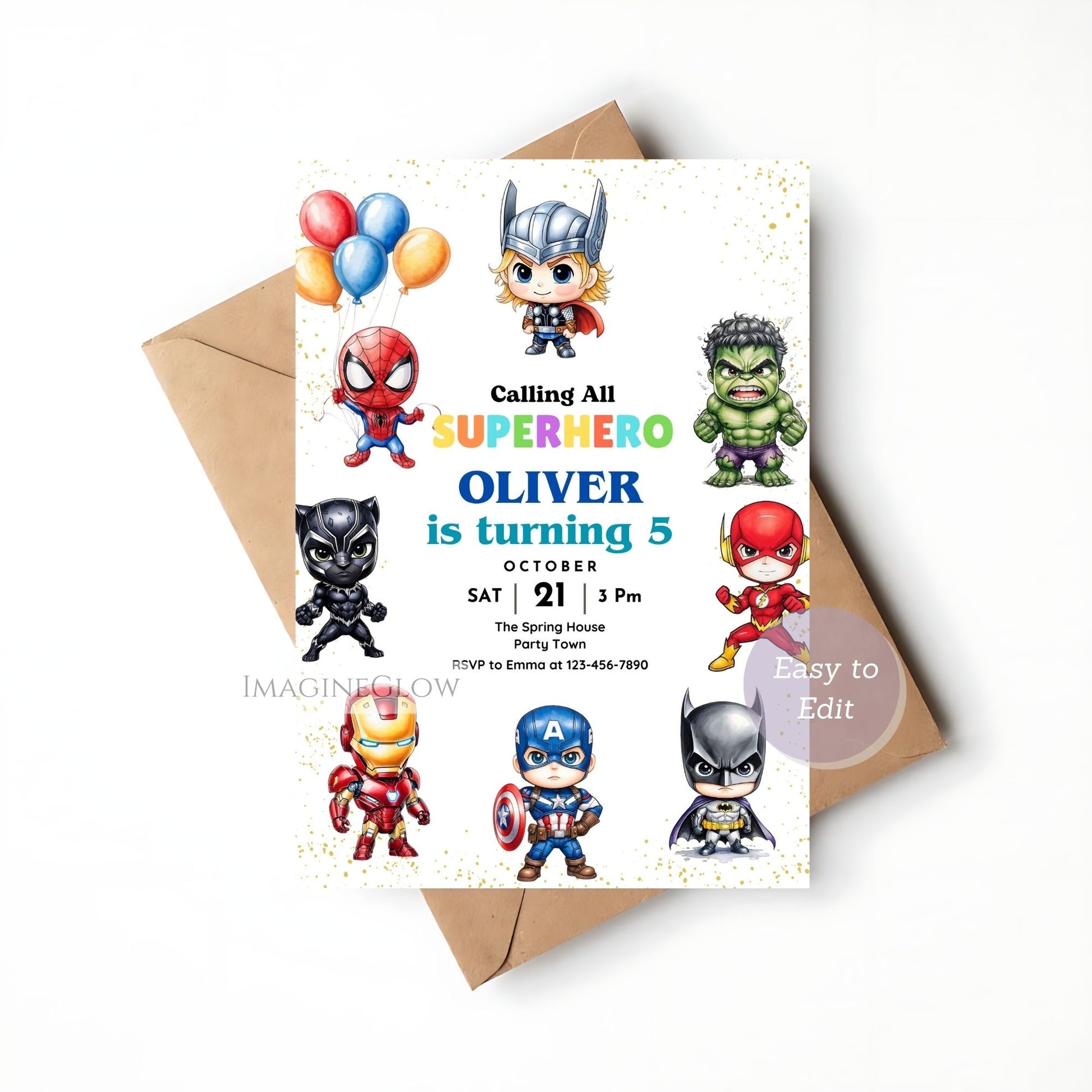 Birthday invitation card with superhero characters and envelope on a white background