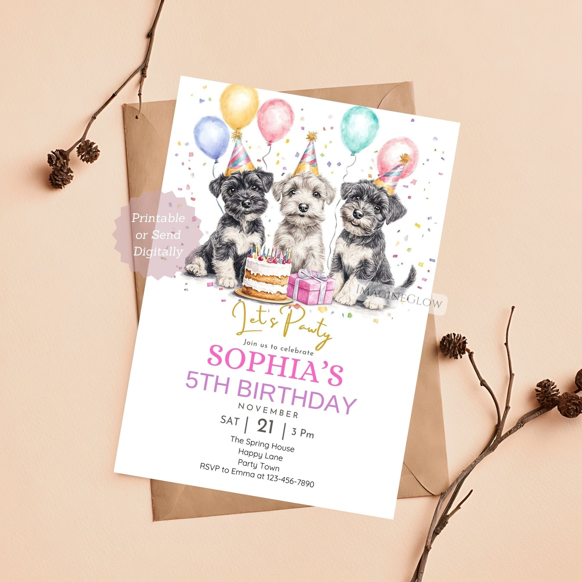Three Schnauzer dogs birthday invitation with festive decor.