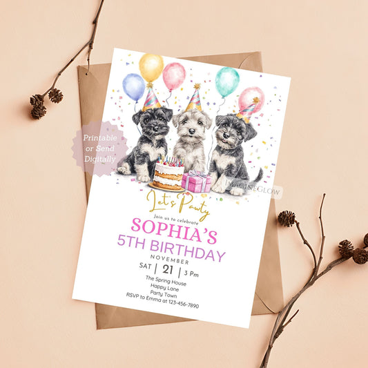 Three Schnauzer dogs birthday invitation with festive decor.