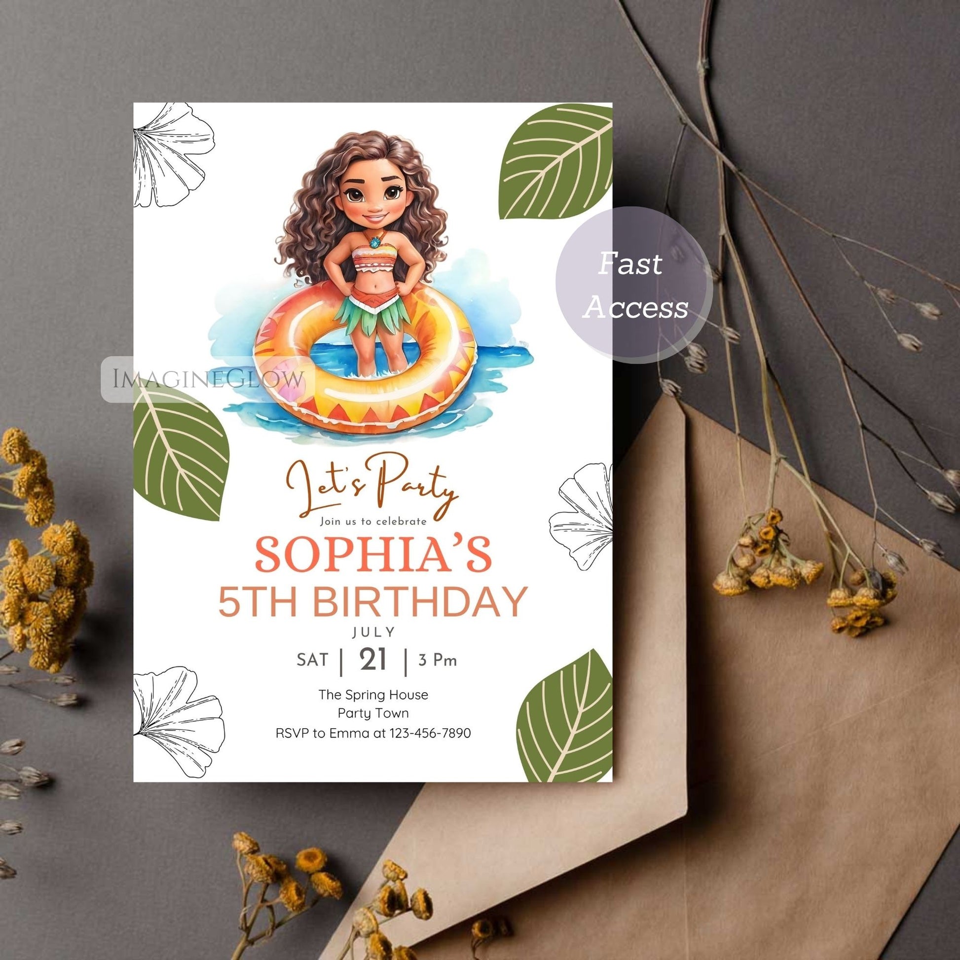 Birthday party invitation with a child on an inflatable ring, surrounded by leaves and flowers.
