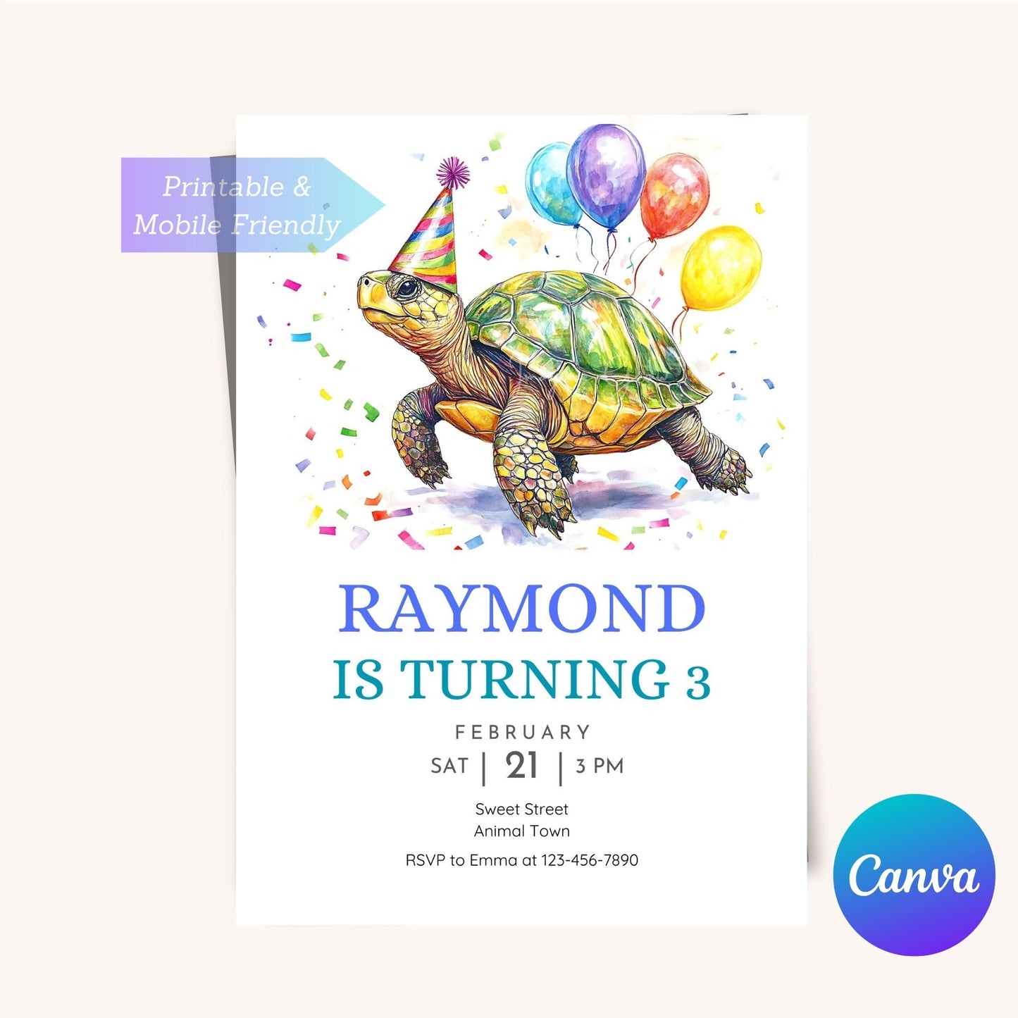 Turtle birthday invitation for an ocean adventure-themed kids' party.