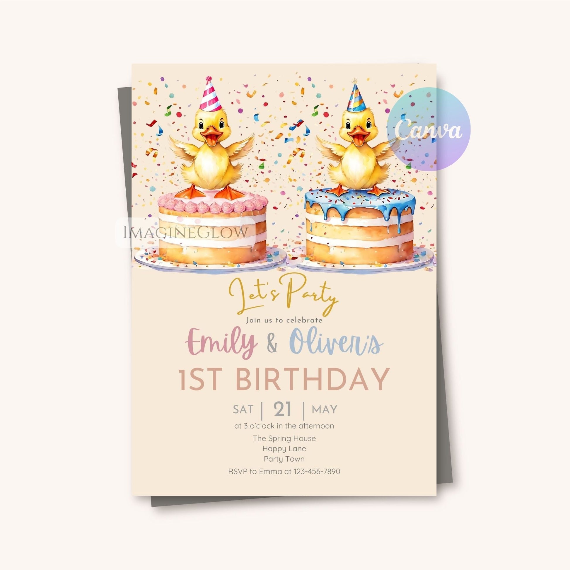cute duck birthday party invitation
blue and pink duckling invite for twins