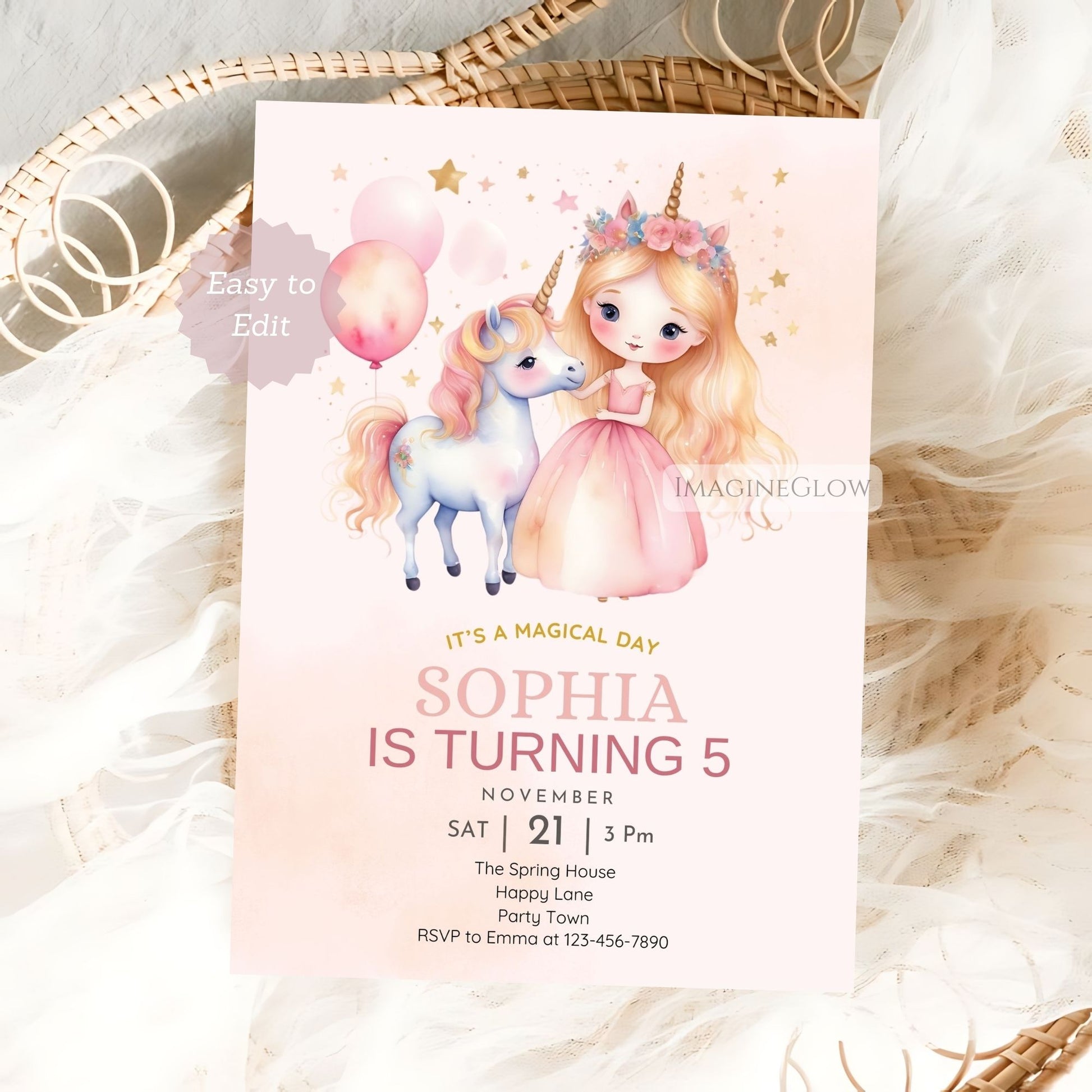 Unicorn & Little Princess birthday invitation with balloons
Fairy tale unicorn princess birthday party invite
Editable unicorn and princess invitation with balloons