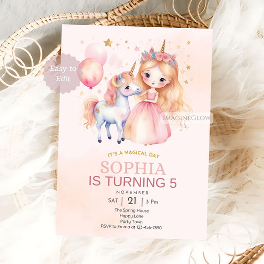 Unicorn & Little Princess birthday invitation with balloons
Fairy tale unicorn princess birthday party invite
Editable unicorn and princess invitation with balloons