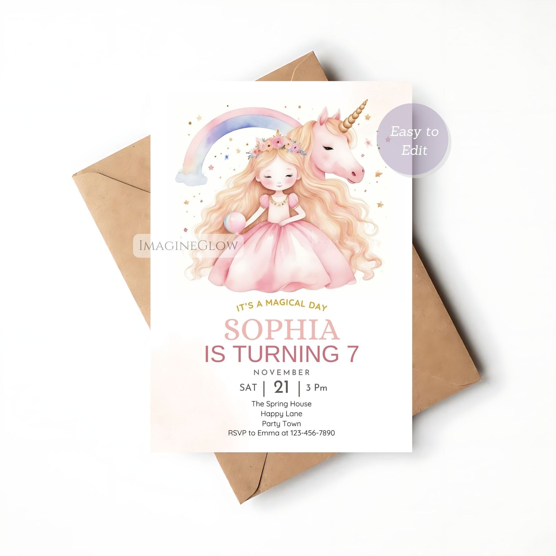 Magical unicorn birthday invitation with pastel rainbow