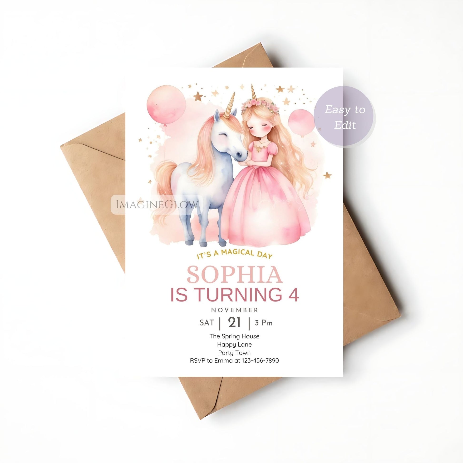 Editable unicorn & princess invitation with  balloons theme