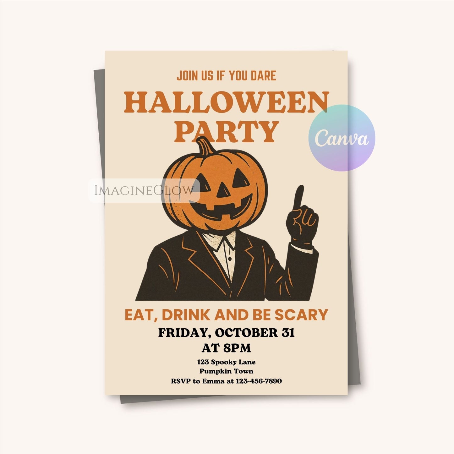 Halloween party invitation with pumpkin head design on a beige background