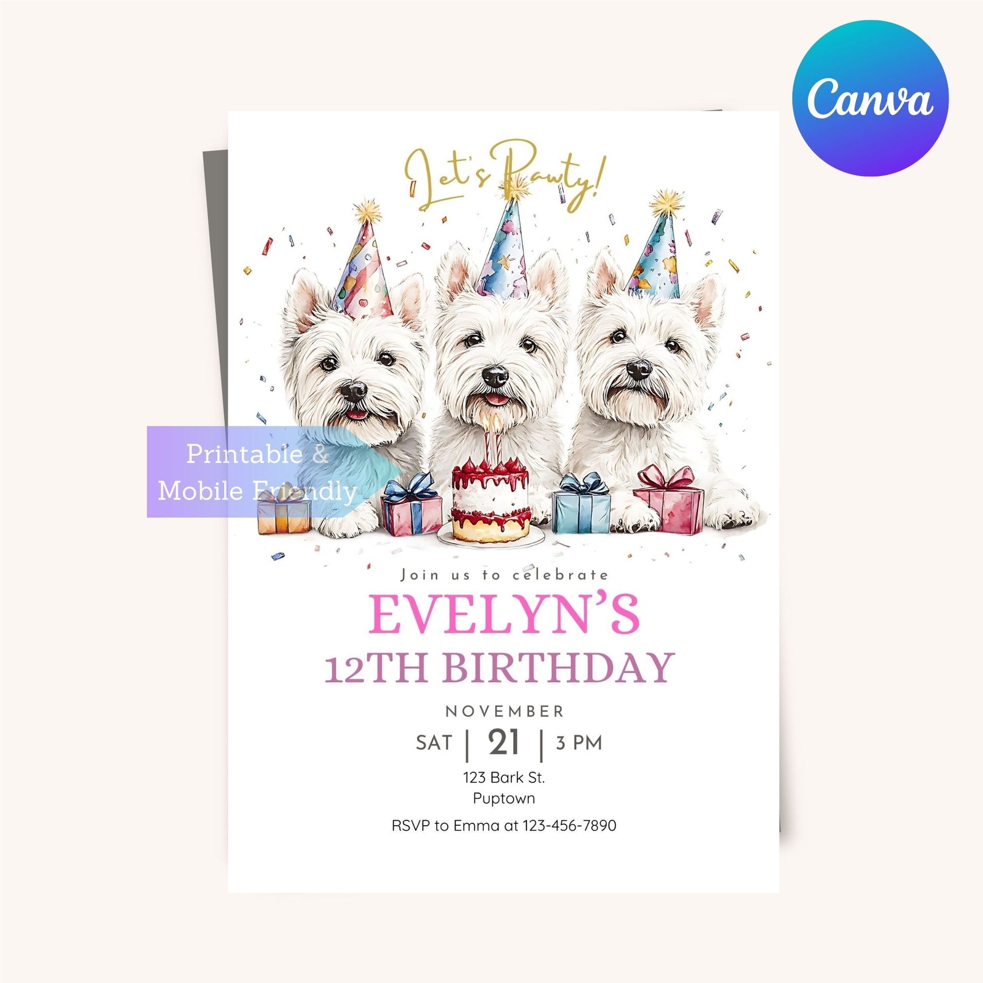 Printable West Highland White Terrier-themed birthday invitation.