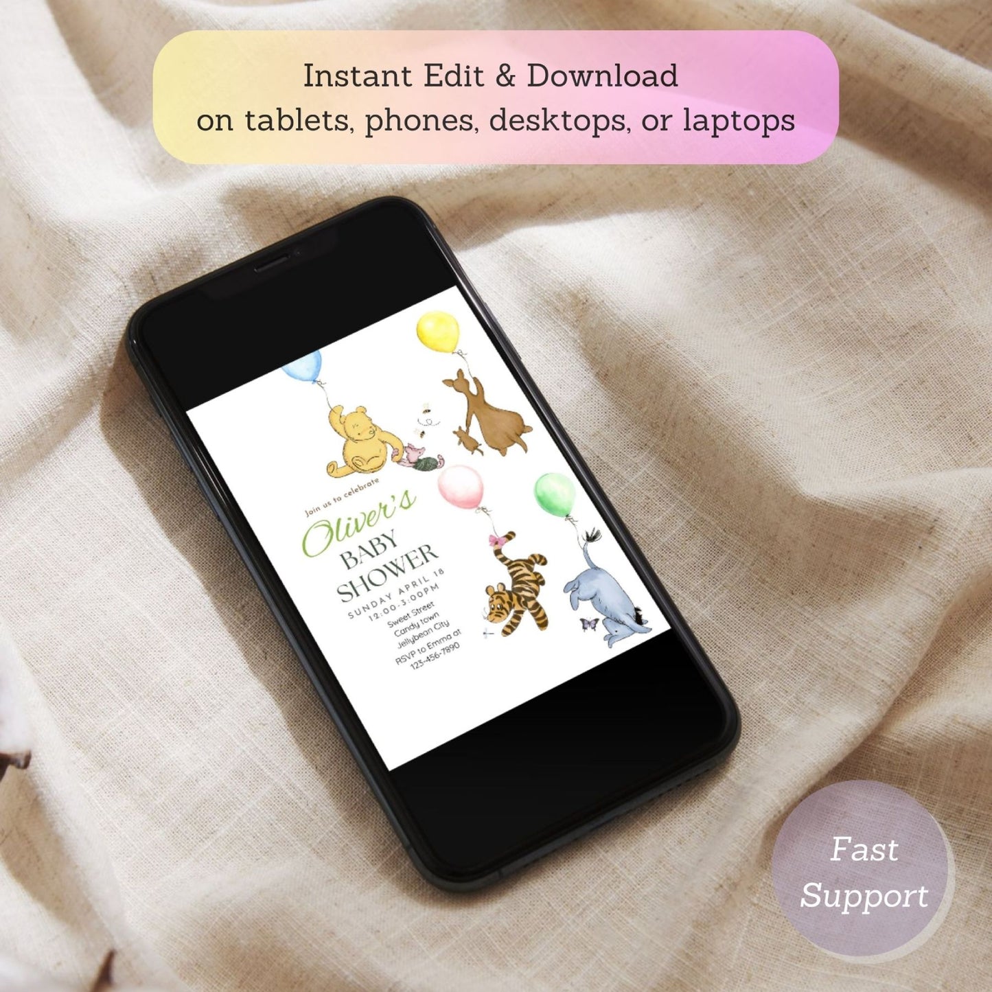 Printable Pooh Bear baby shower invitation featuring a balloon.