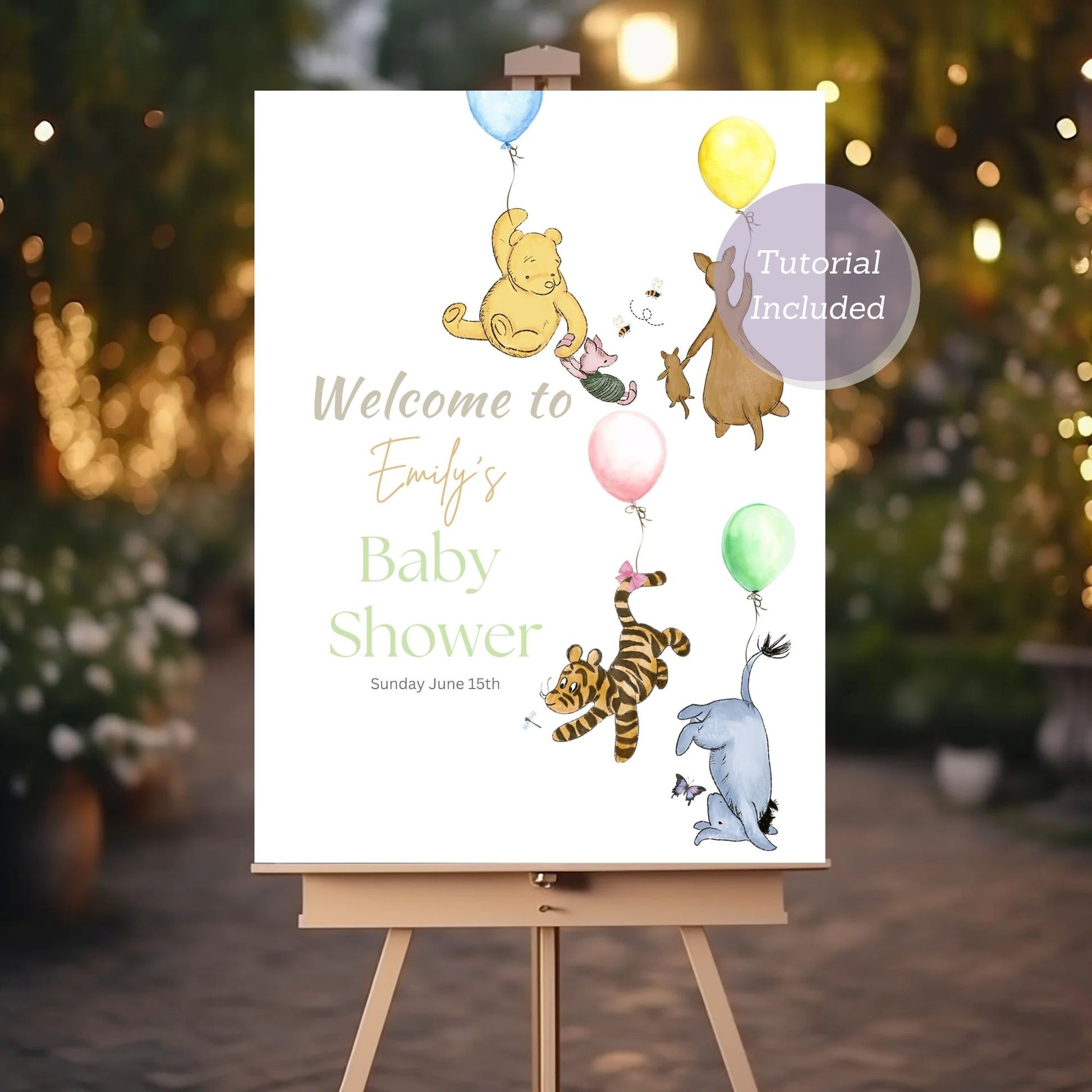 Winnie the Pooh baby shower sign with cute balloon decoration.