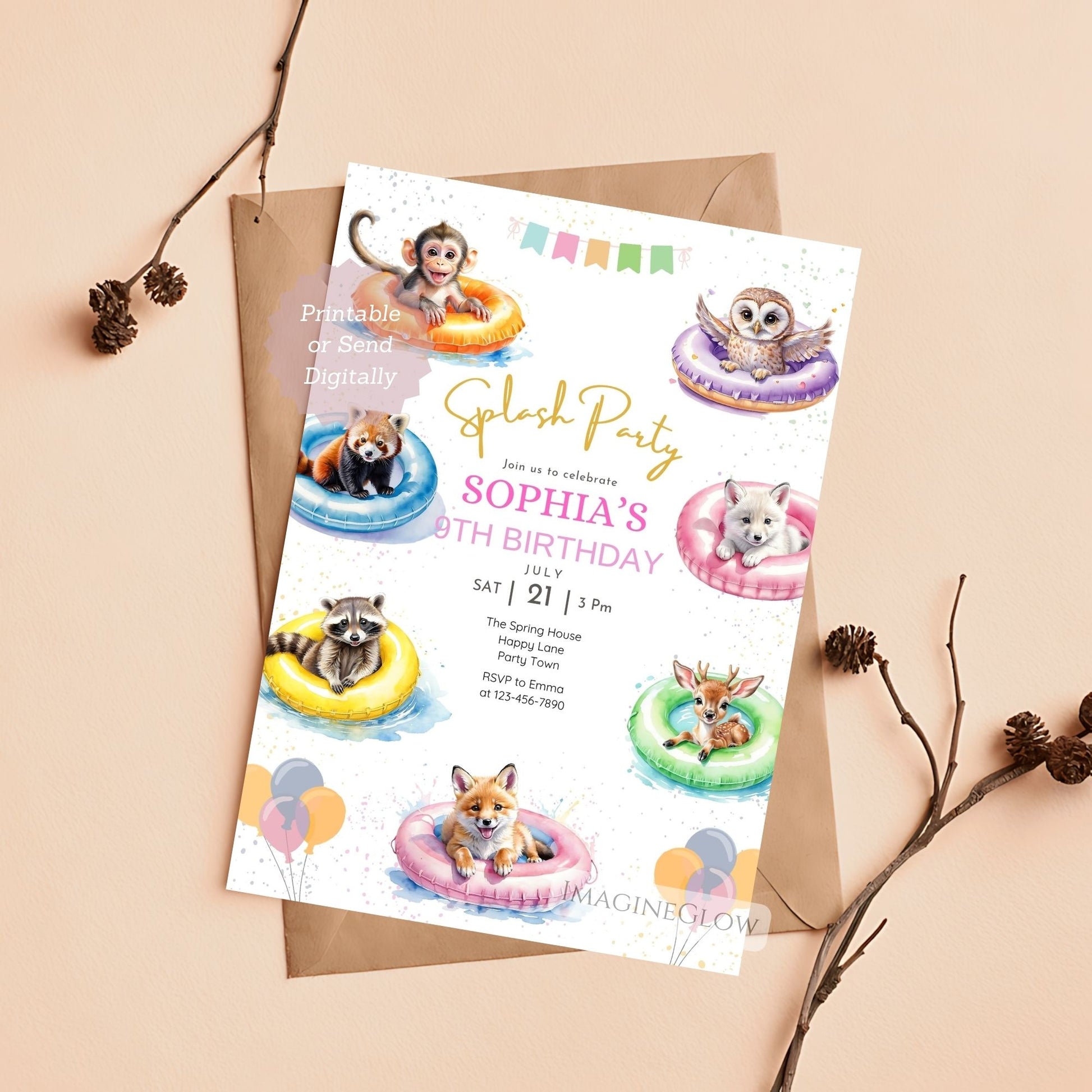 editable forest animal party card