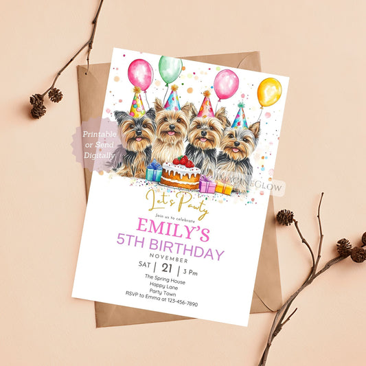 Editable four Yorkshire Terrier birthday invitation template