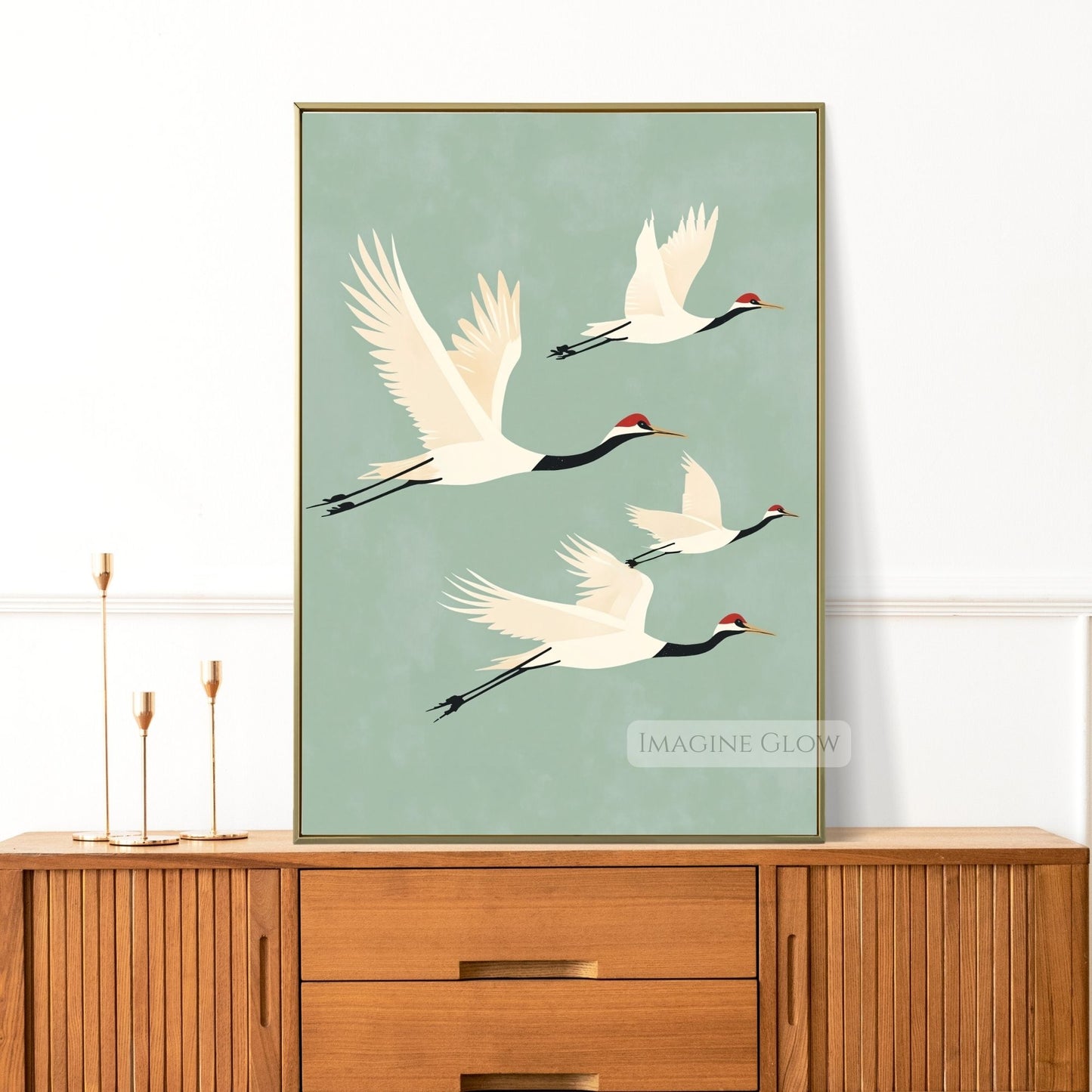 Flying birds crane print for Japandi wall decor.