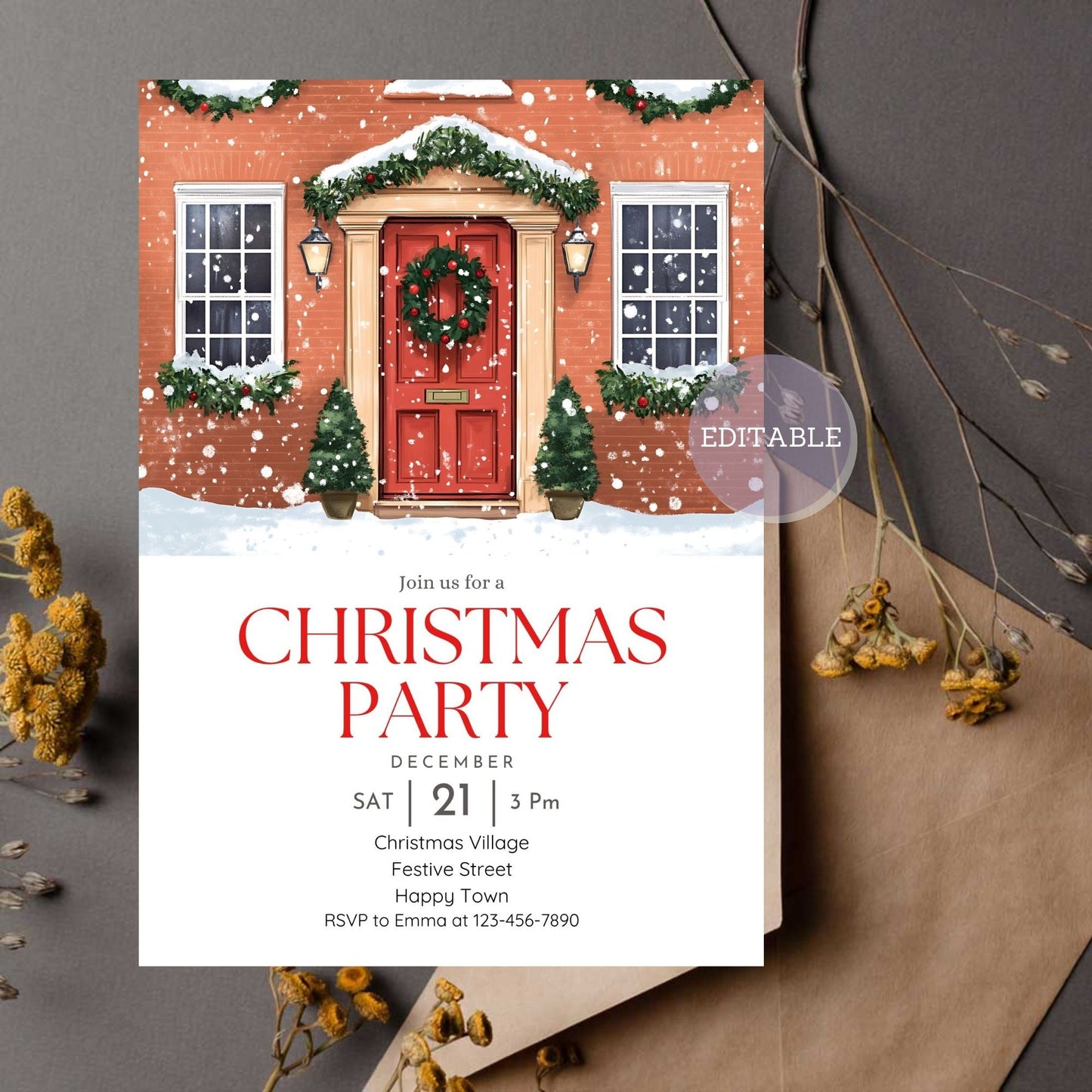 Christmas party invitation featuring an English house with red door and festive decorations.