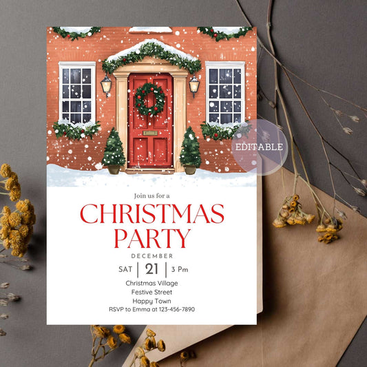 Christmas party invitation featuring an English house with red door and festive decorations.