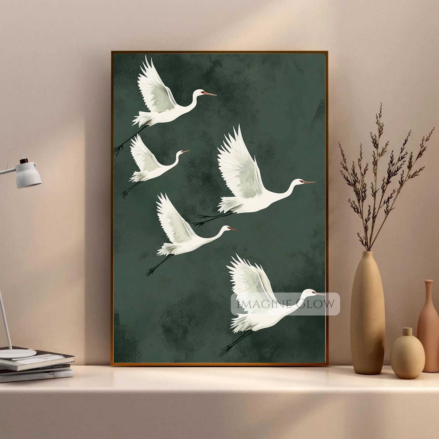 Antique flying bird poster with soft green tones.