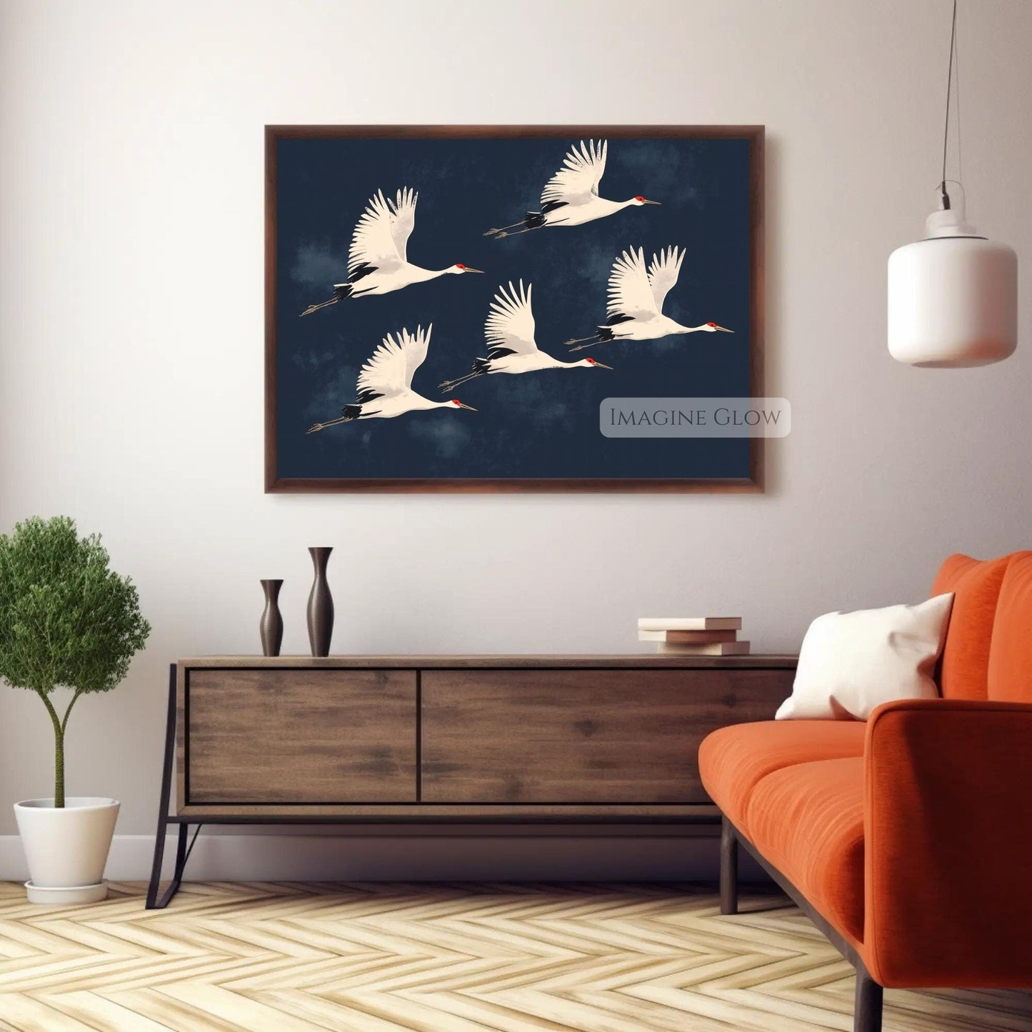 Flying cranes print for minimalist or maximalist decor.