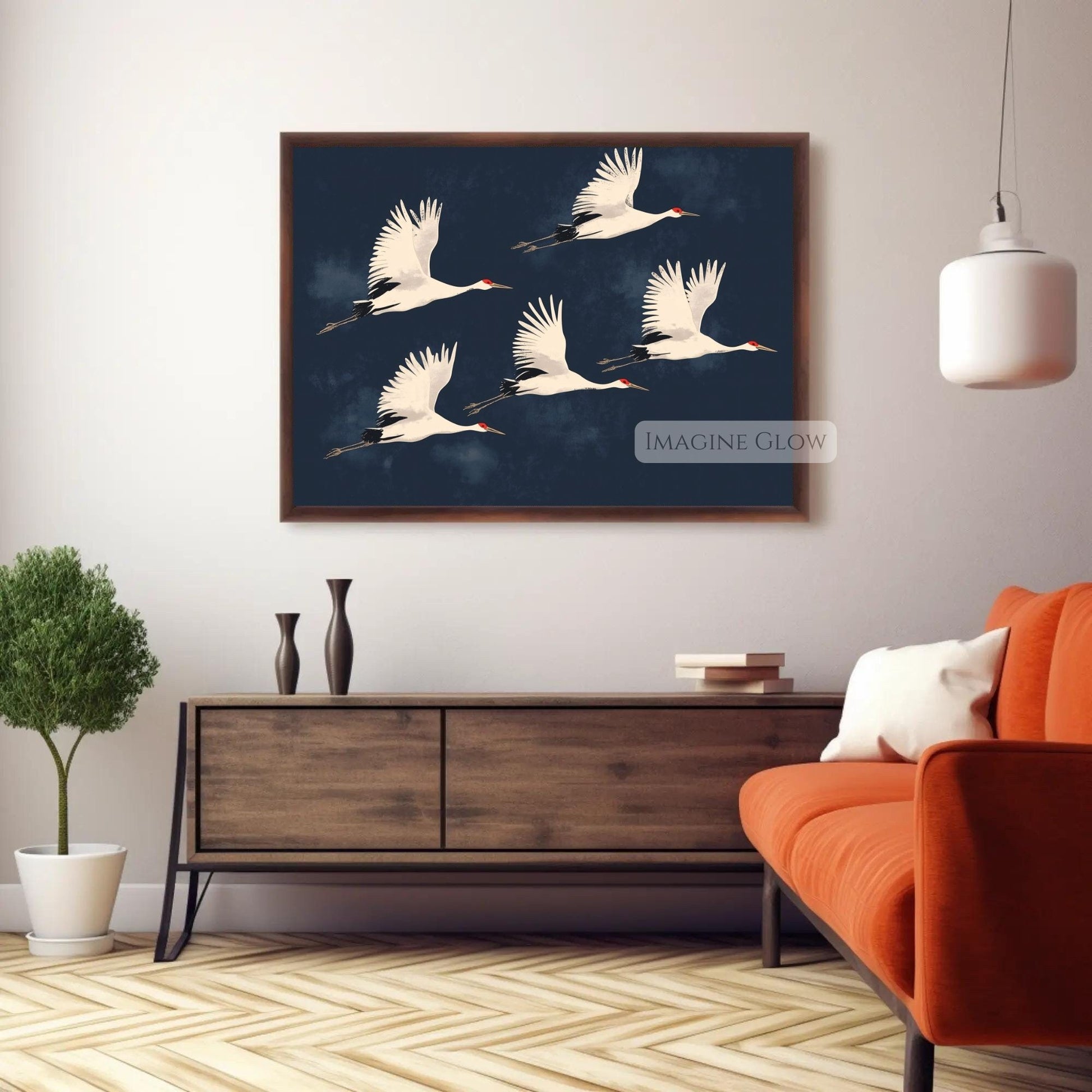 Flying cranes print for minimalist or maximalist decor.