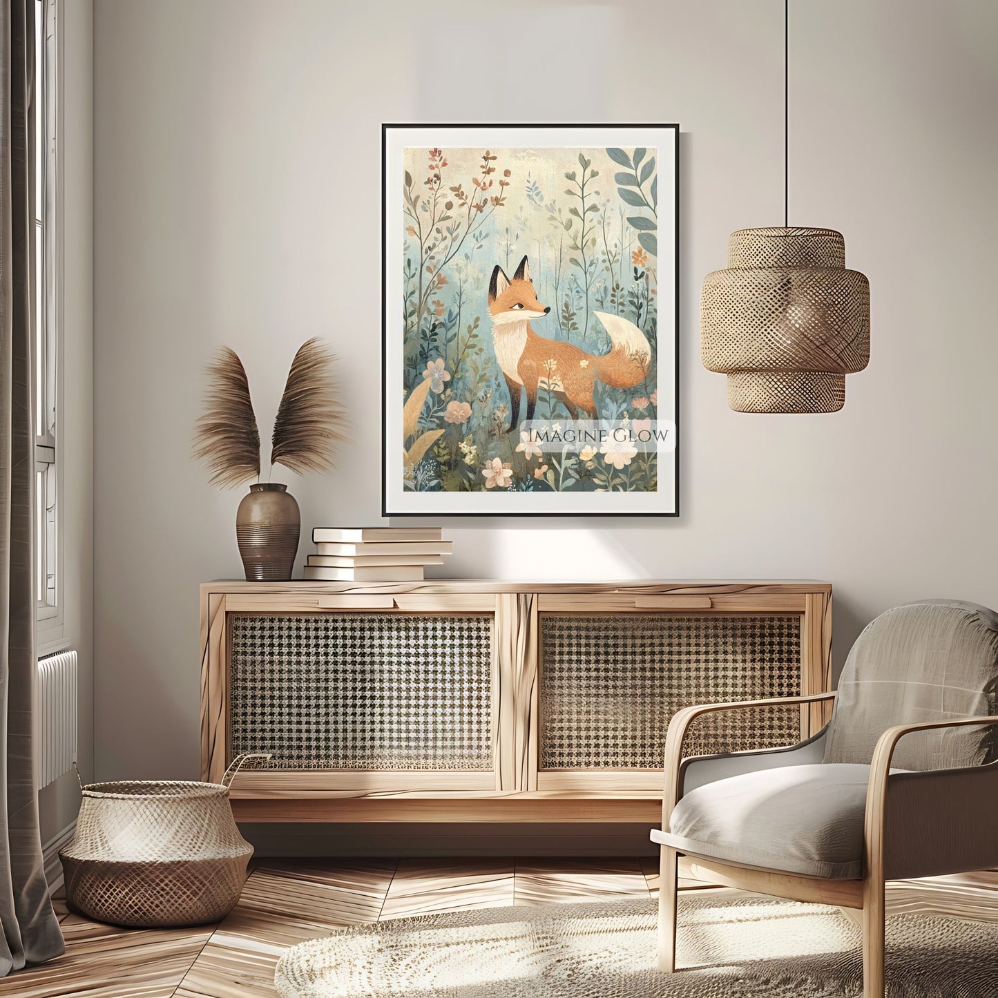 Elegant fox and flowers wildlife artwork.