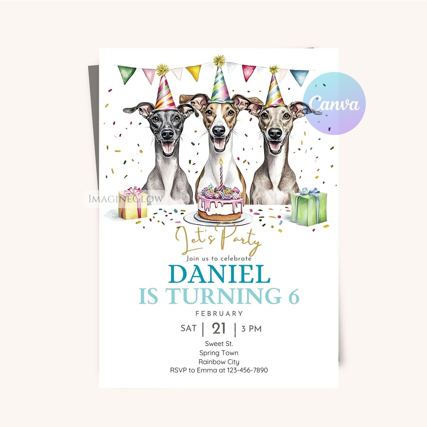 Greyhound-themed birthday invitation for pet lovers.