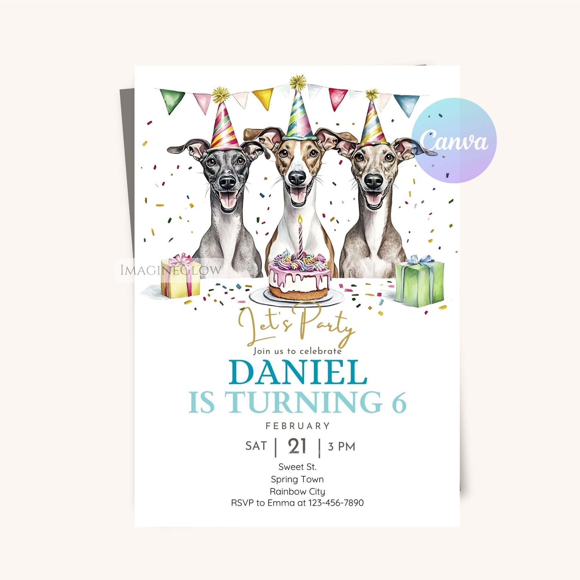 Greyhound-themed birthday invitation for pet lovers.