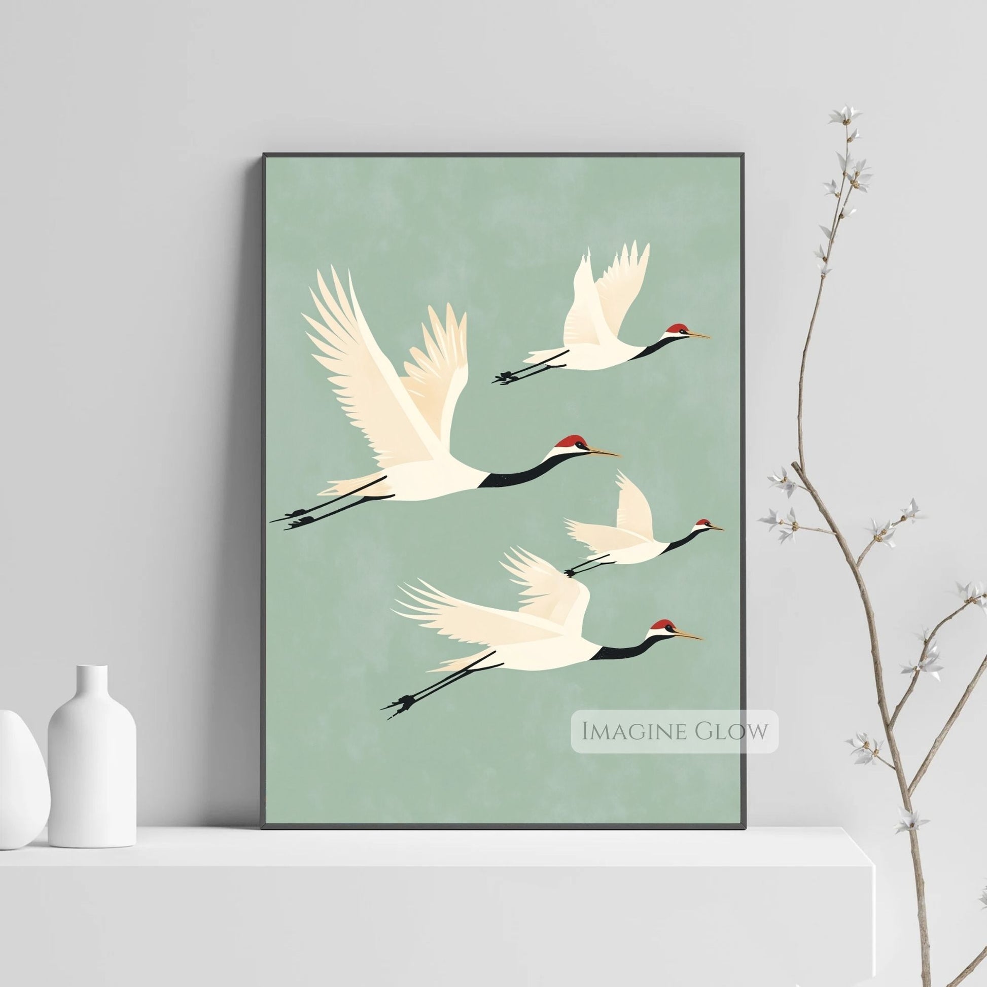 Serene Japanese crane painting for elegant home decor.