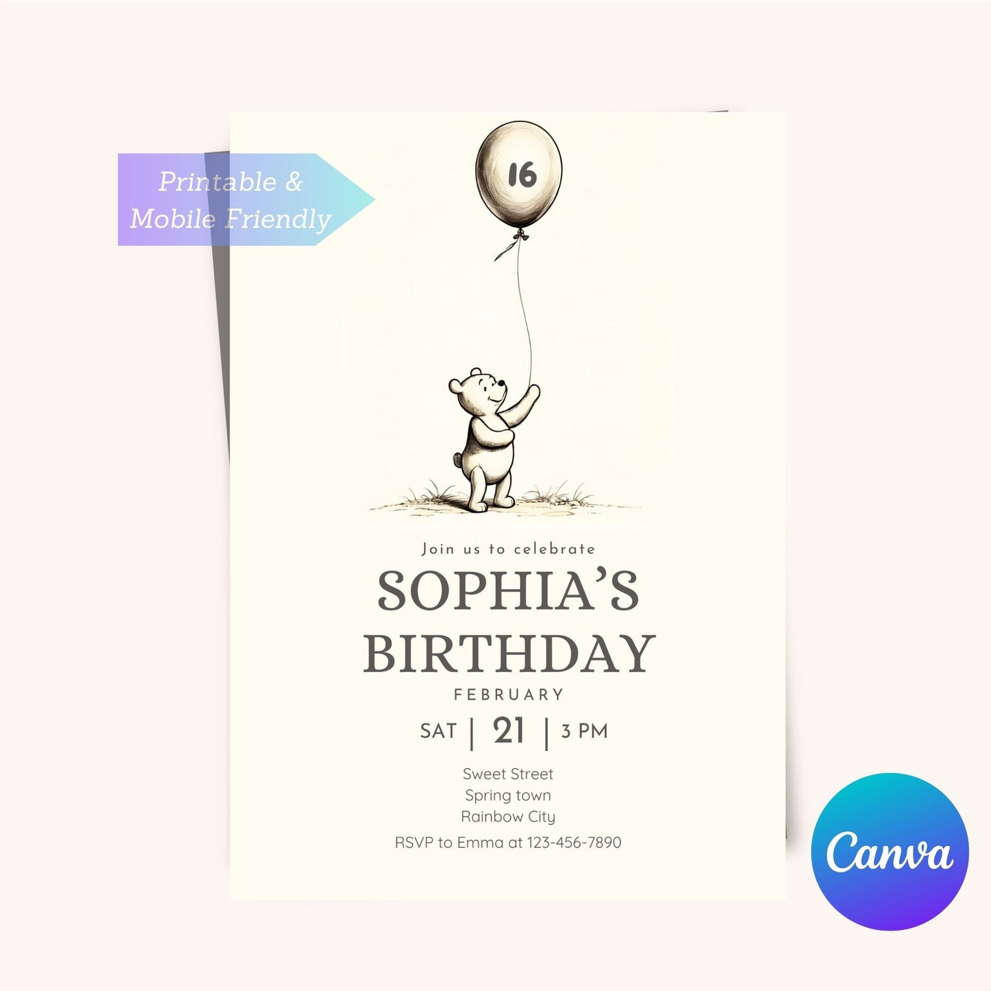 Vintage Pooh Bear-themed birthday invite
