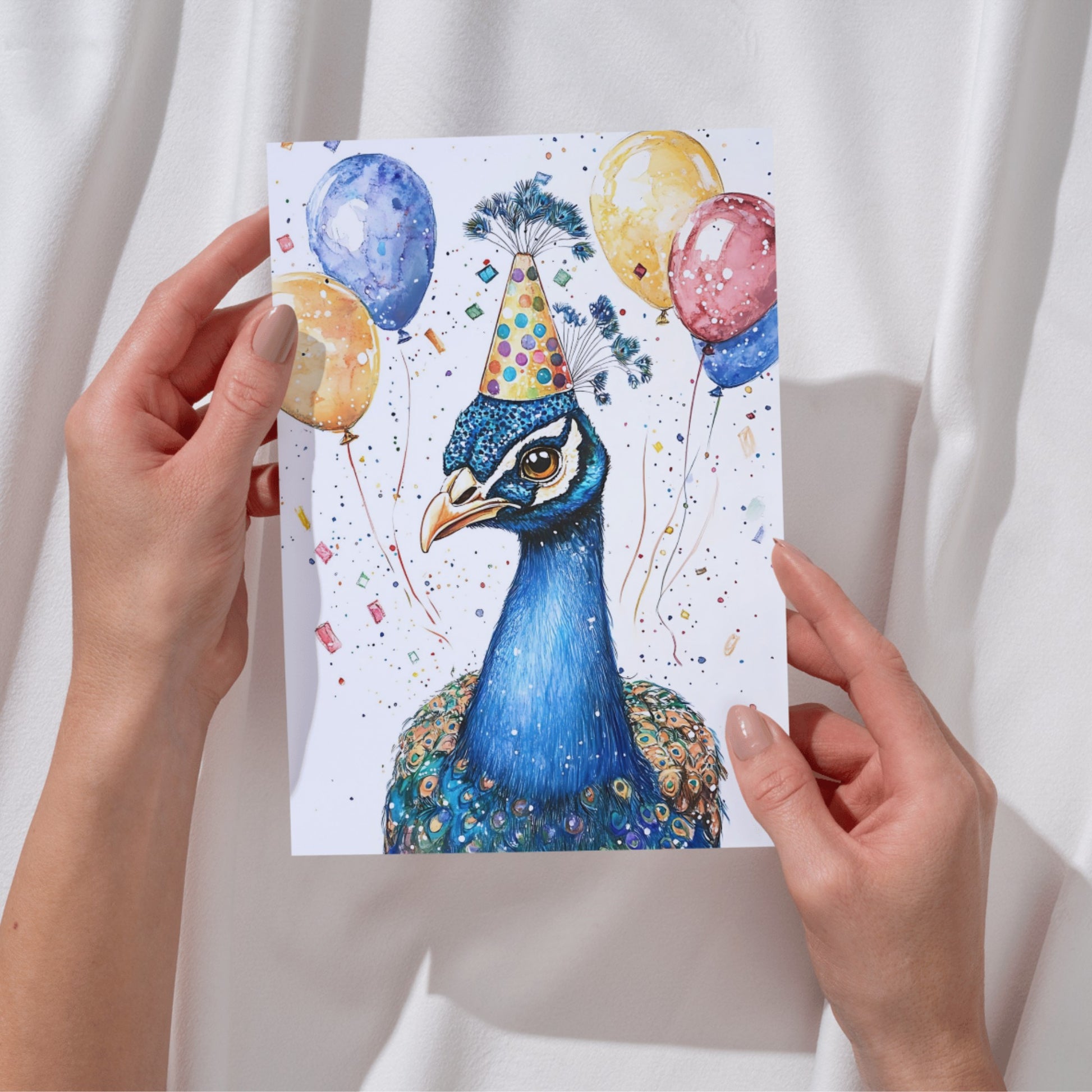 Peacock birthday Card with Colorful balloons