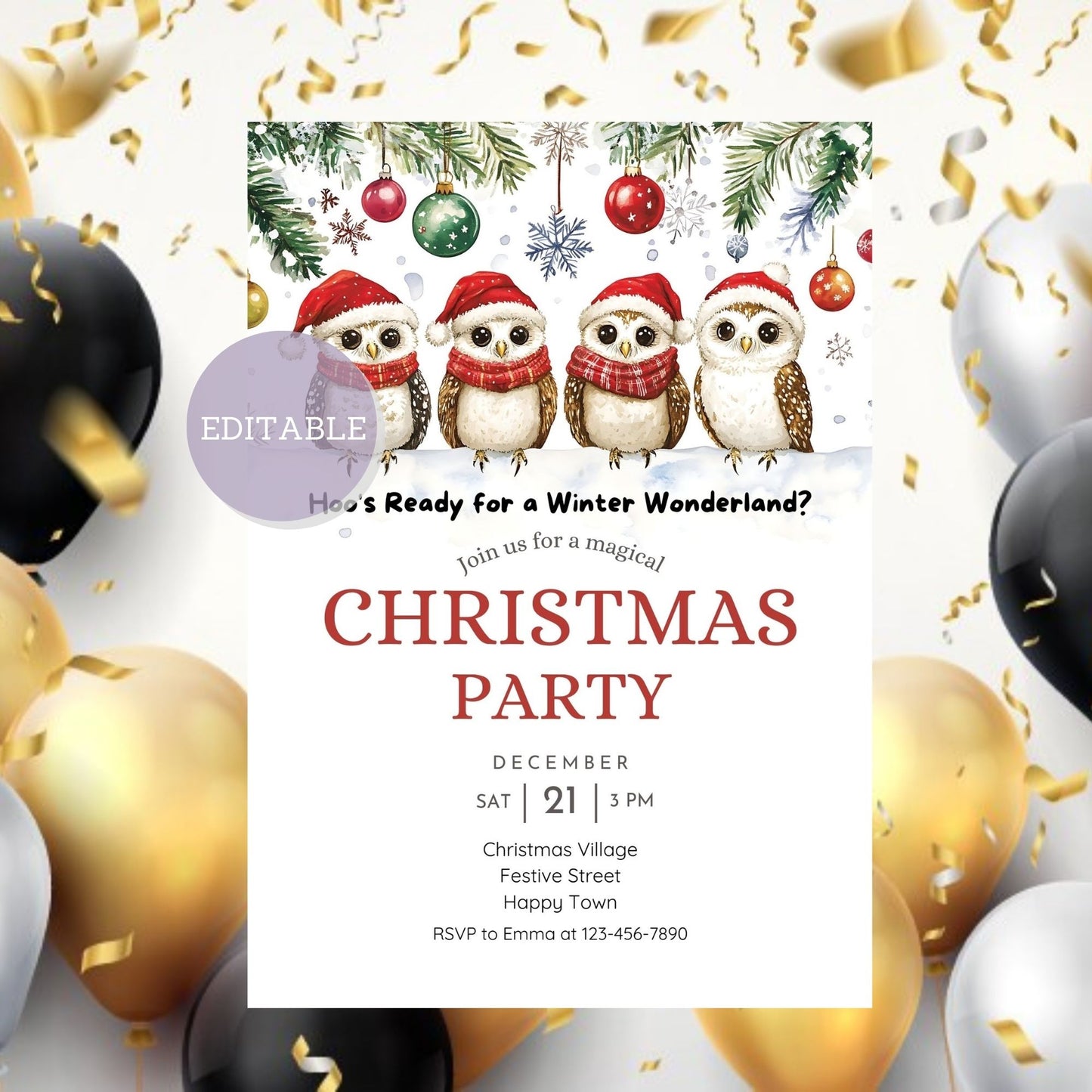 Printable Christmas party card with snowy owl design.