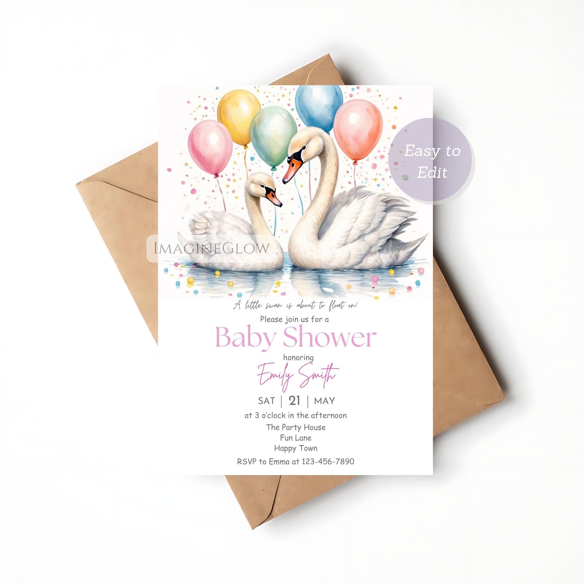 watercolor swan baby shower card editable