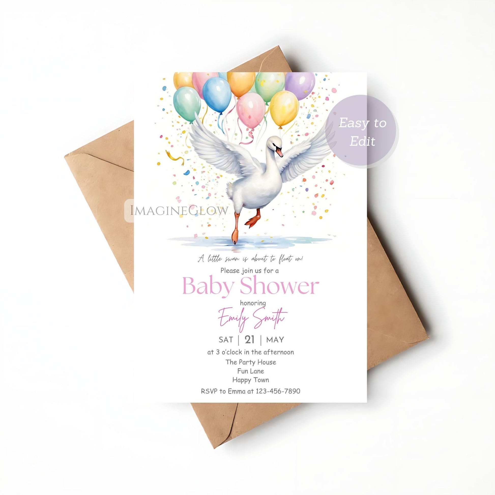 baby shower invitation with swan illustration