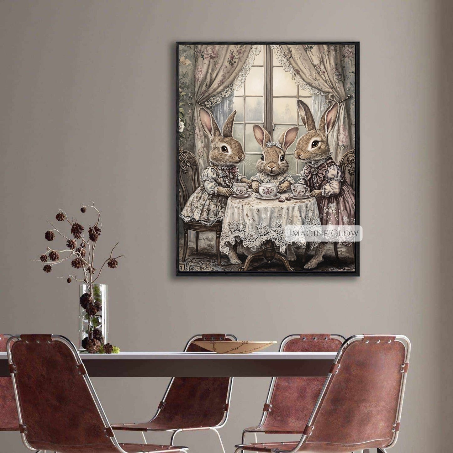 Victorian bunny tea party decor art print.