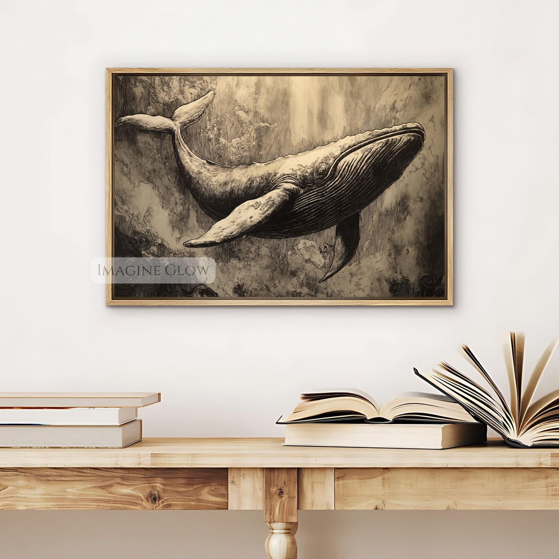 Maritime whale drawing for vintage-inspired spaces.