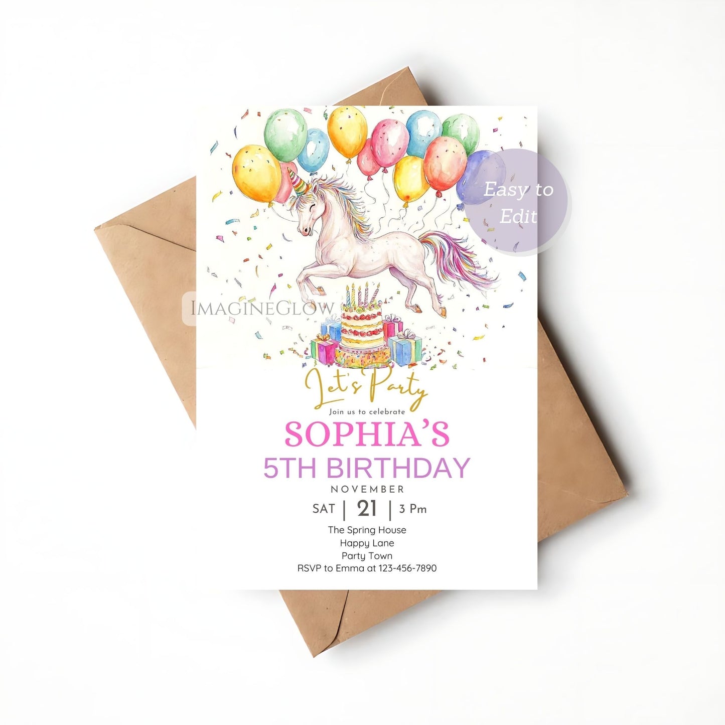 Majestic white horse birthday invitation editable