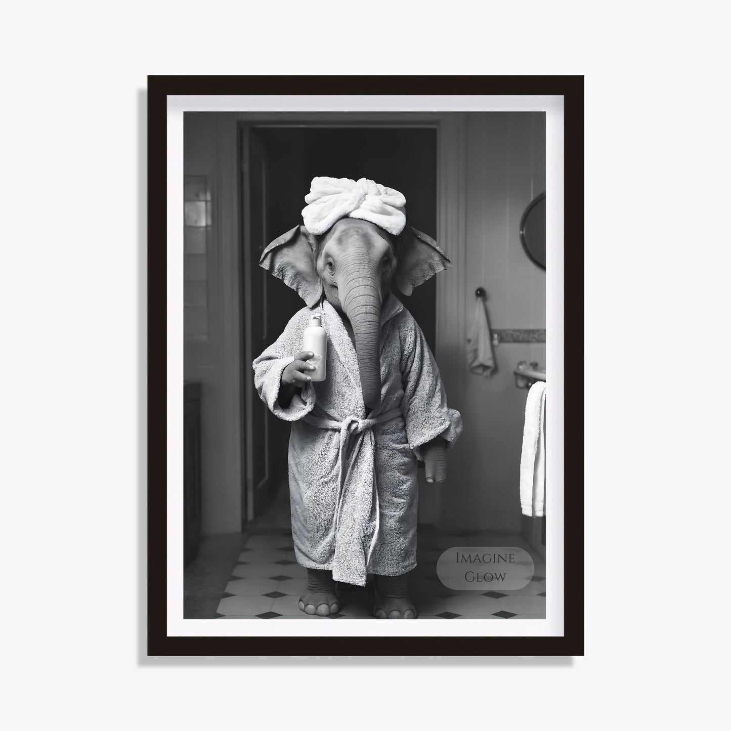 Animal bathroom print with a black and white elephant design